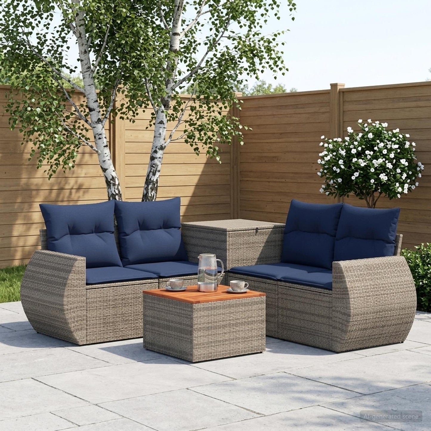 Set di divani 6 pz Grigio e Blu Navy Rattan sintetico e Acciaio