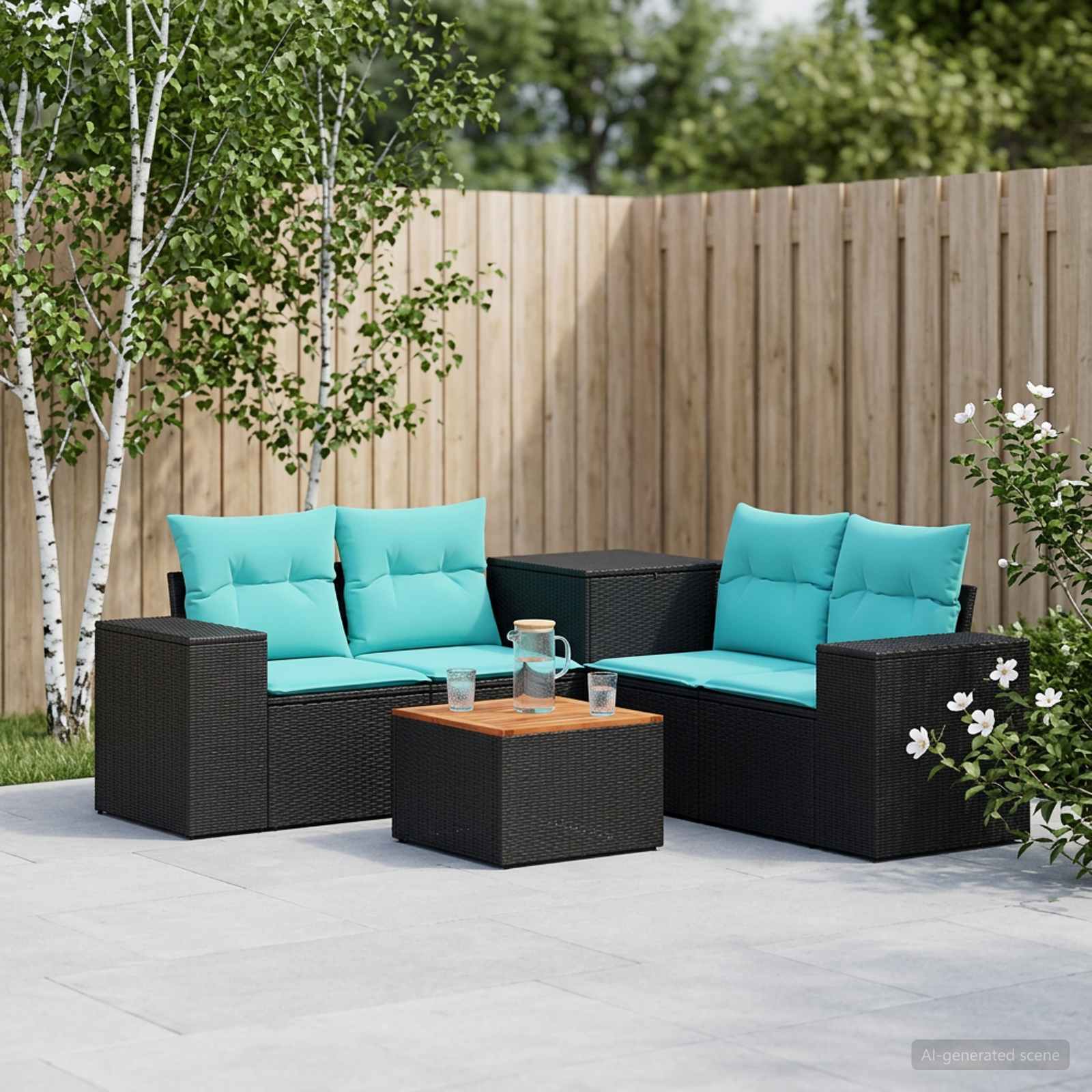 Set di divani 6 pz Nero e Blu Rattan sintetico e Acciaio | homemem39