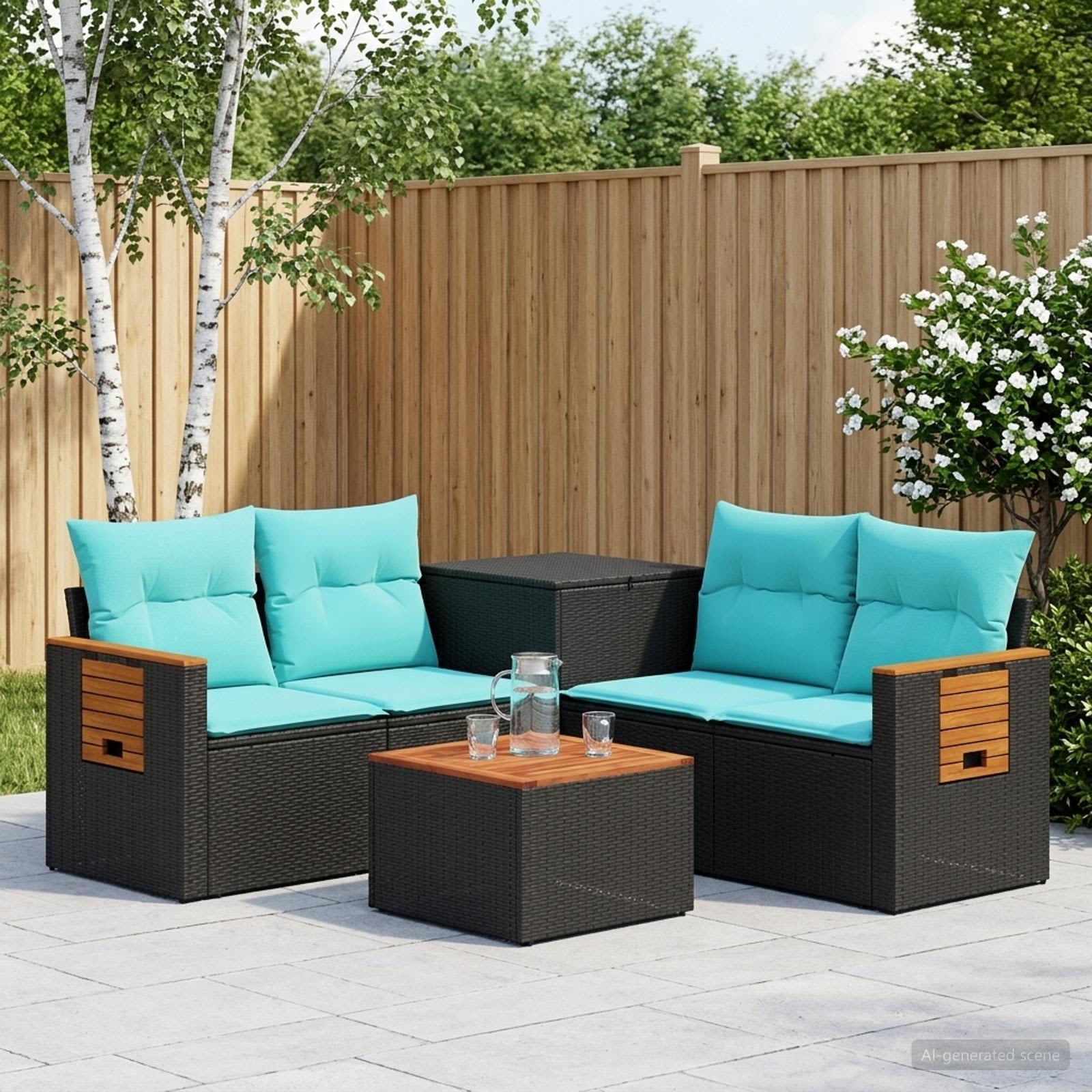 Set di divani 6 pz Nero e Blu Rattan sintetico e Acciaio | homemem39