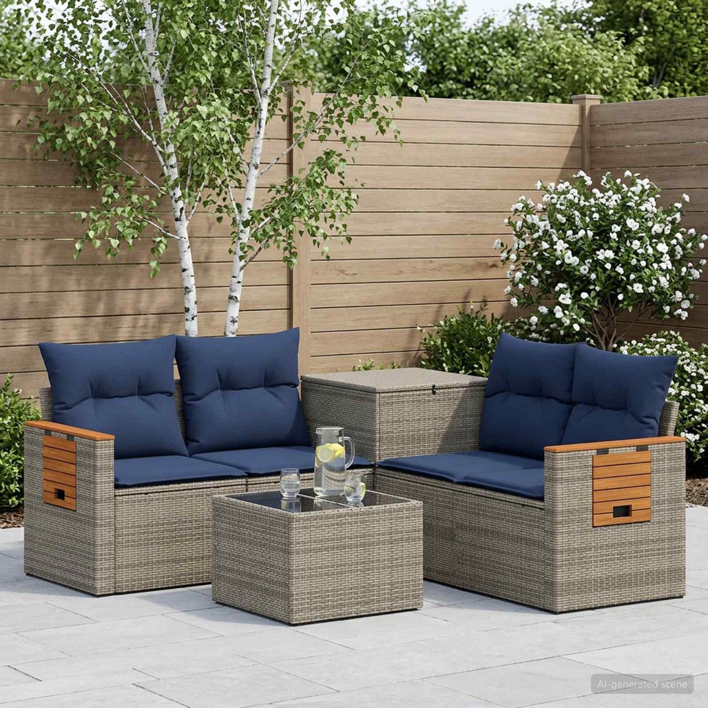 Set di divani 6 pz Grigio e Blu Navy Rattan sintetico e Acciaio | homemem39