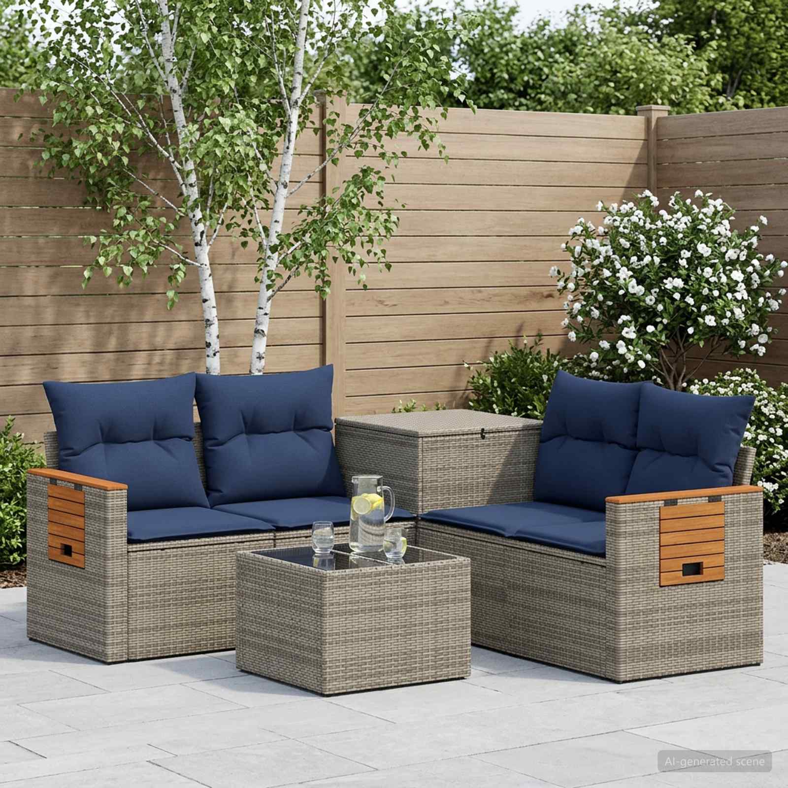 Set di divani 6 pz Grigio e Blu Navy Rattan sintetico e Acciaio | homemem39