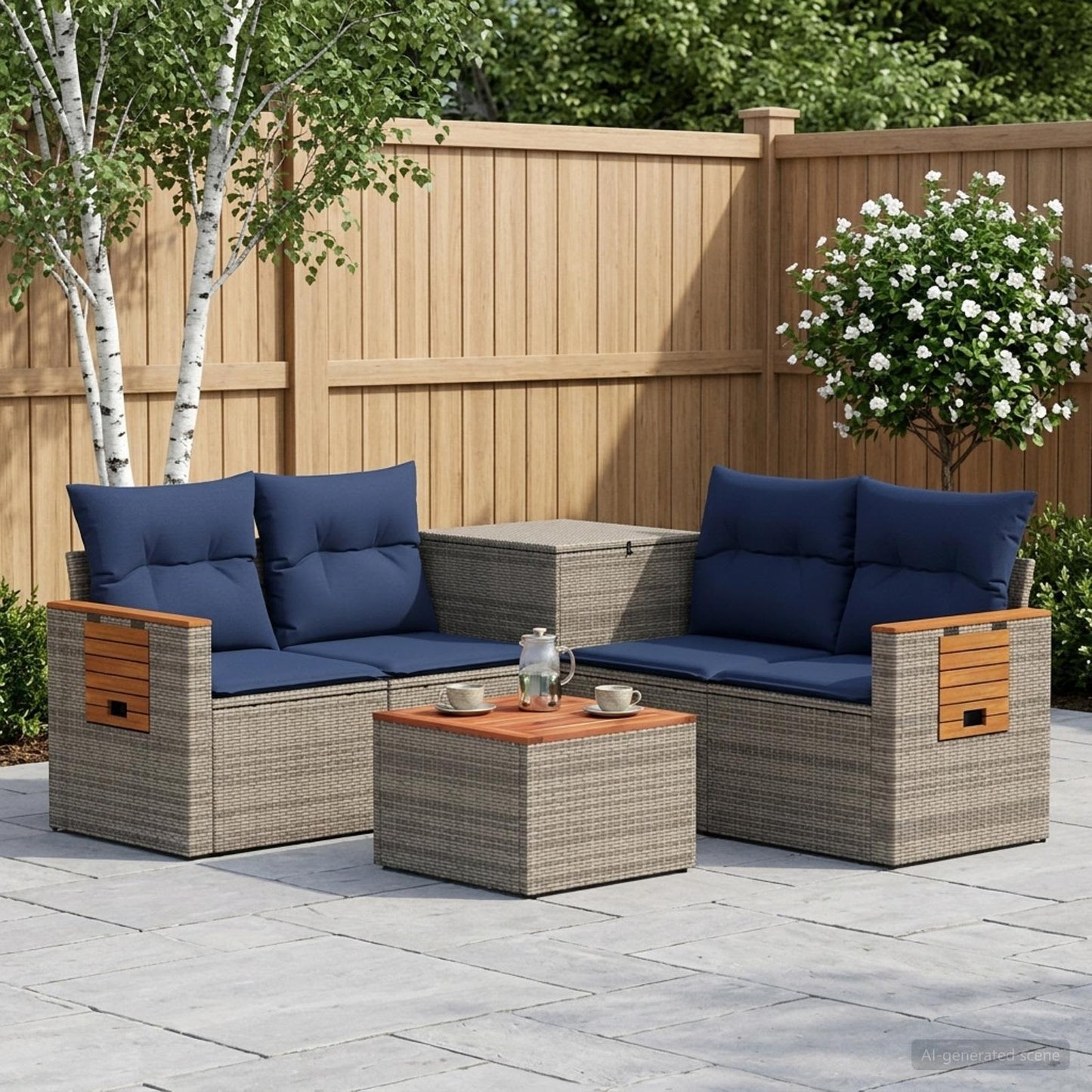 Set di divani 6 pz Grigio e Blu Navy Rattan sintetico e Acciaio