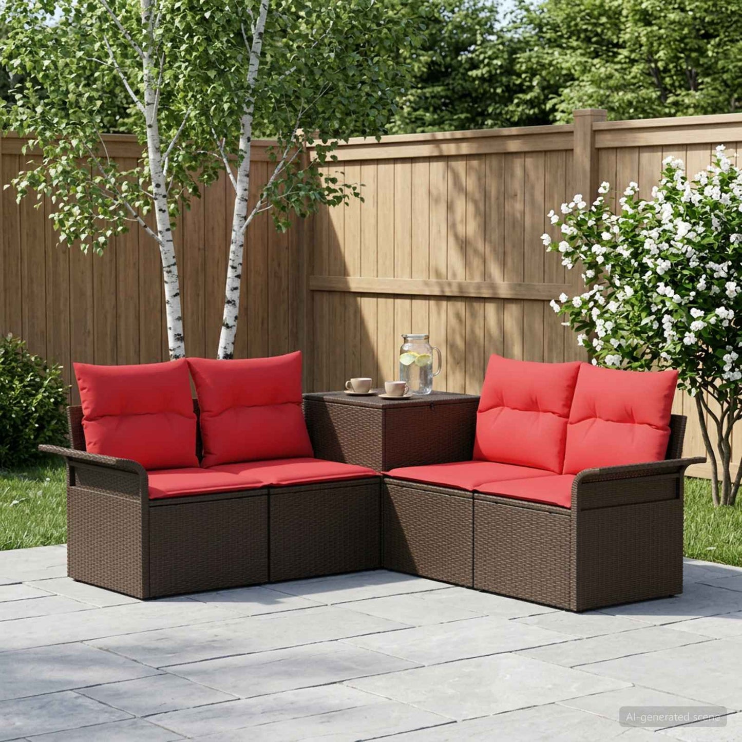 Set di divani 5 pz Marrone e Rosso Rattan sintetico e Acciaio | homemem39