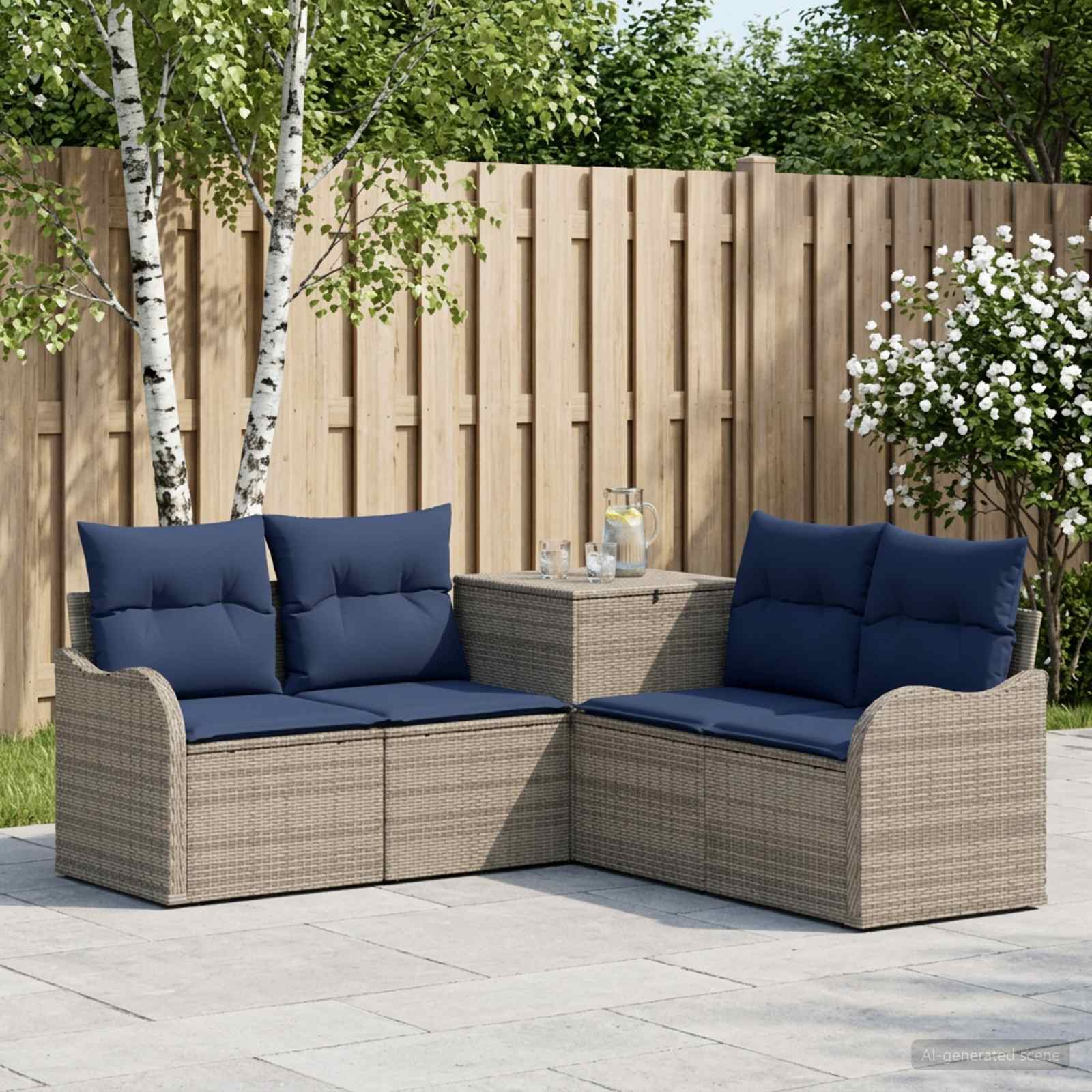 Set di divani 5 pz Grigio e Blu Navy Rattan sintetico e Acciaio | homemem39