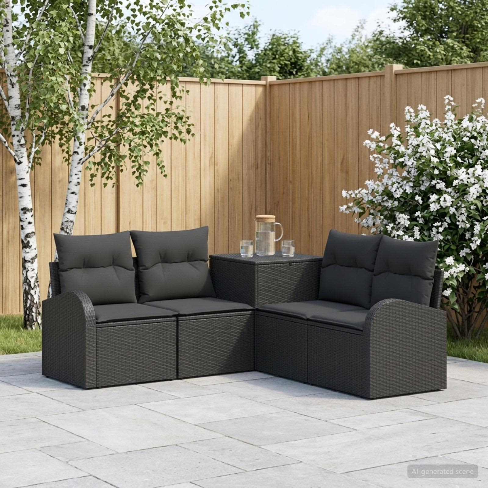 Set di divani 5 pz Nero Rattan sintetico e Acciaio | homemem39