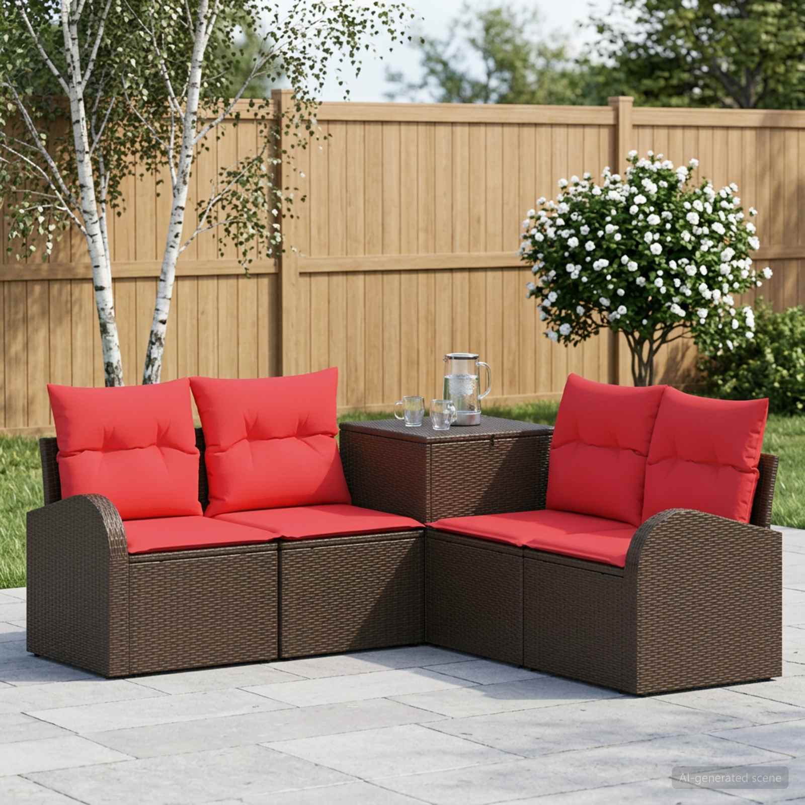 Set di divani 5 pz Marrone e Rosso Rattan sintetico e Acciaio | homemem39
