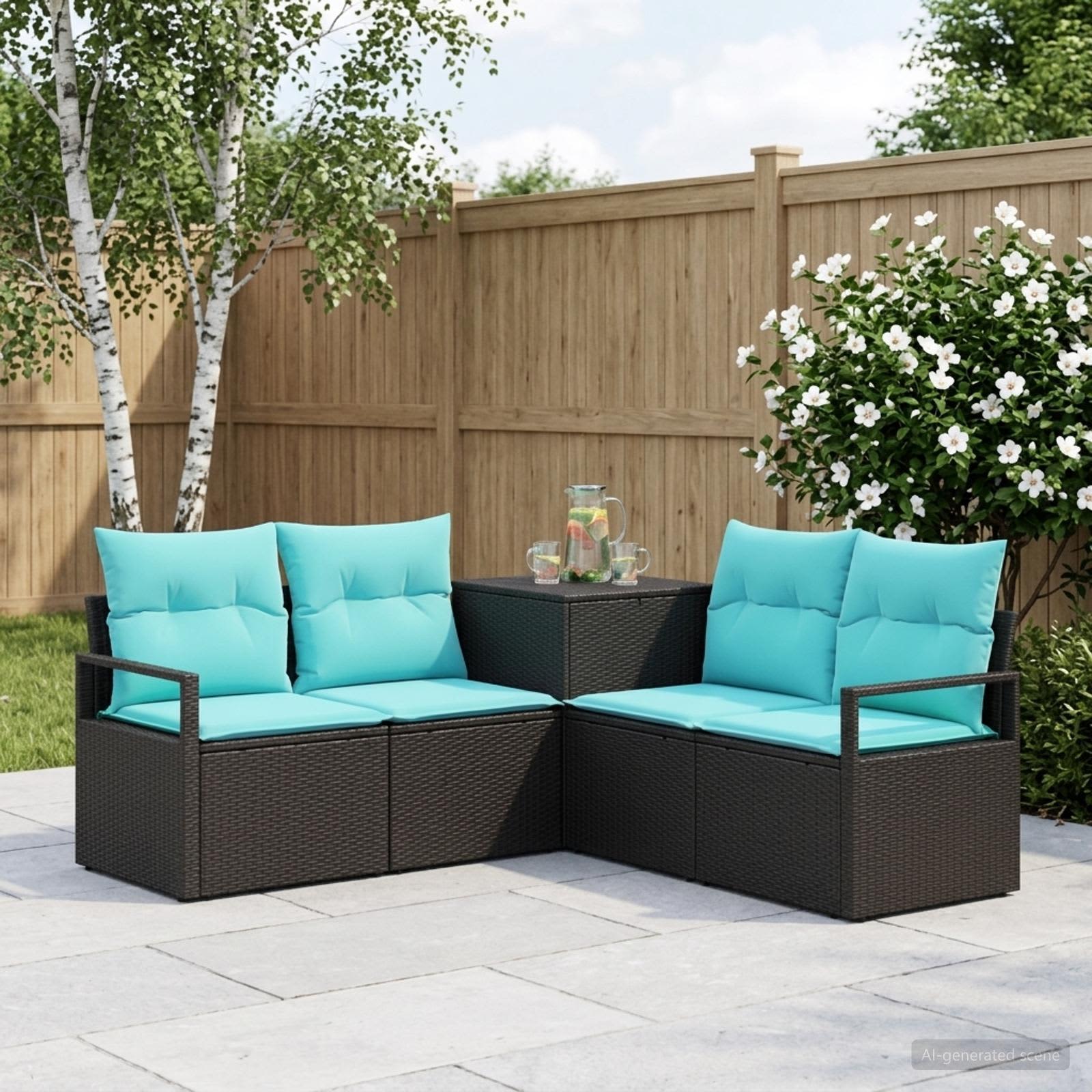 Set di divani 5 pz Nero e Blu Rattan sintetico e Acciaio | homemem39