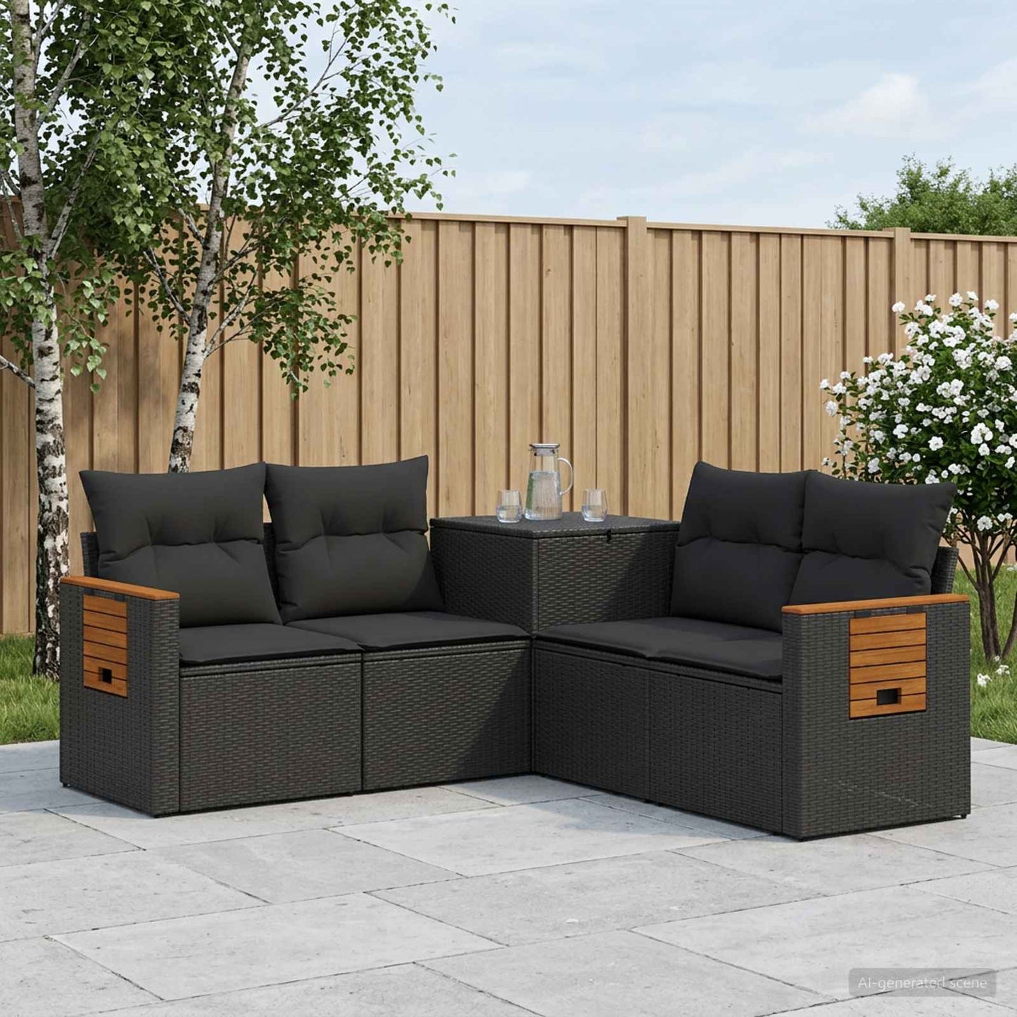 Set di divani 5 pz Nero Rattan sintetico e Acciaio