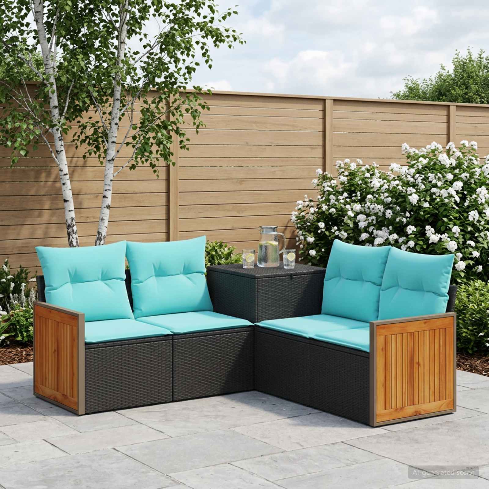 Set di divani 5 pz Nero e Blu Rattan sintetico e Acciaio | homemem39