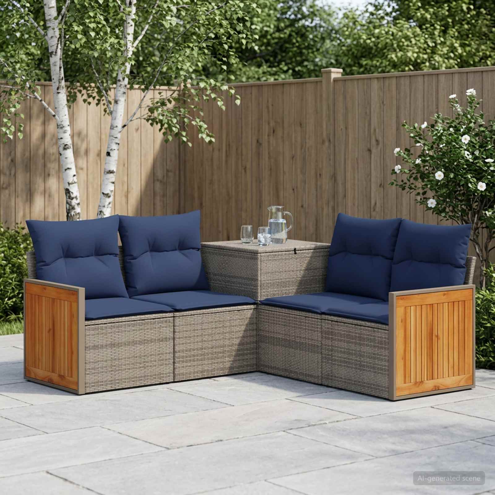 Set di divani 5 pz Grigio e Blu Navy Rattan sintetico e Acciaio | homemem39