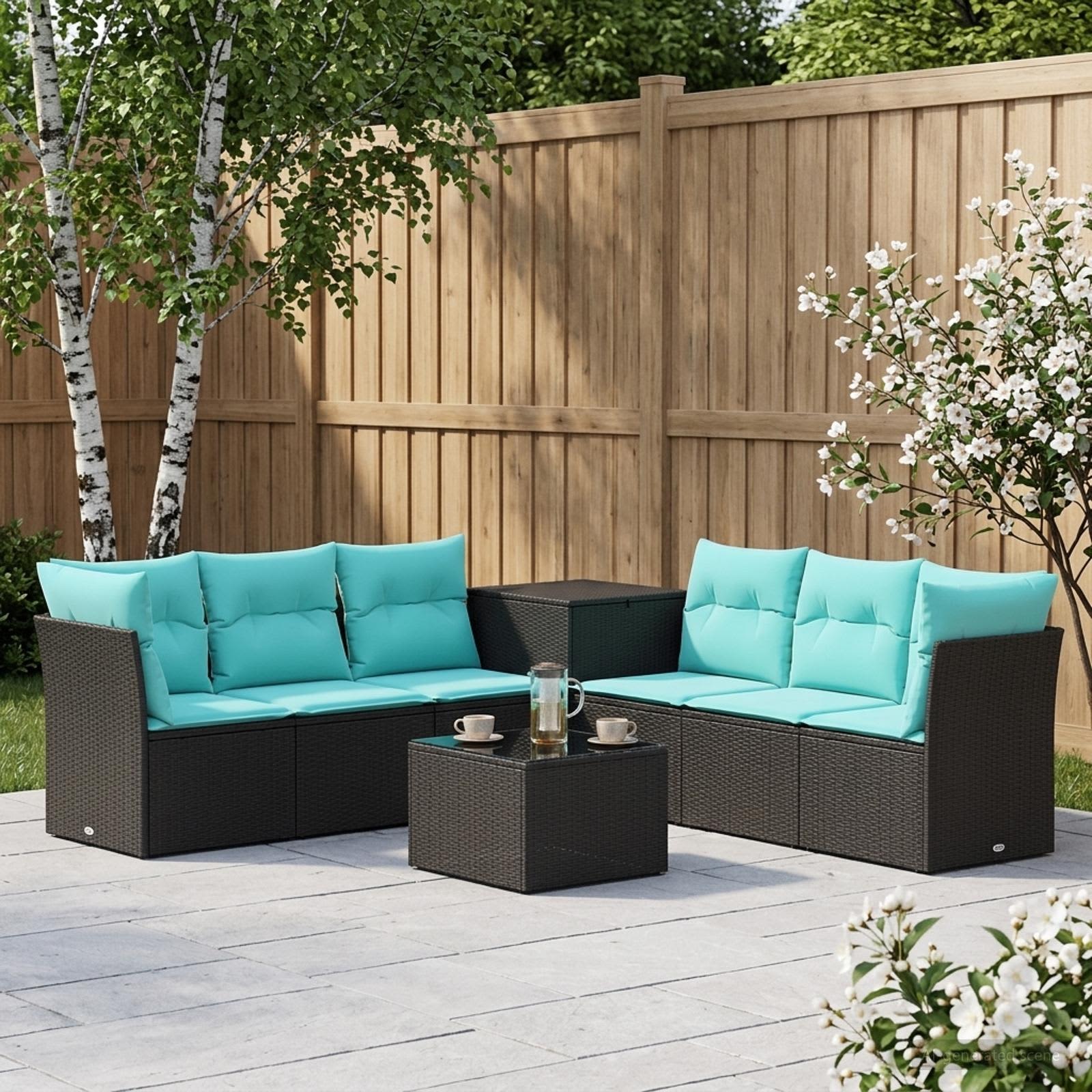 Set di divani 8 pz Nero e Blu Rattan sintetico e Acciaio | homemem39