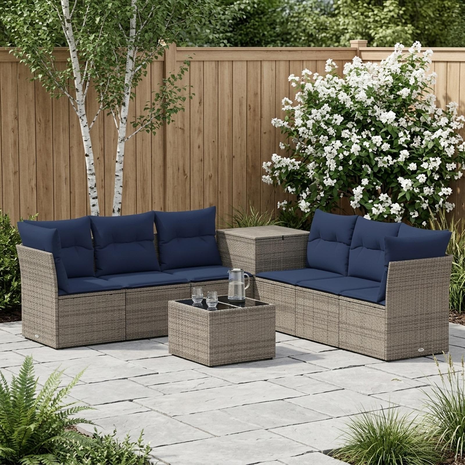 Set di divani 8 pz Grigio e Blu Navy Rattan sintetico e Acciaio | homemem39