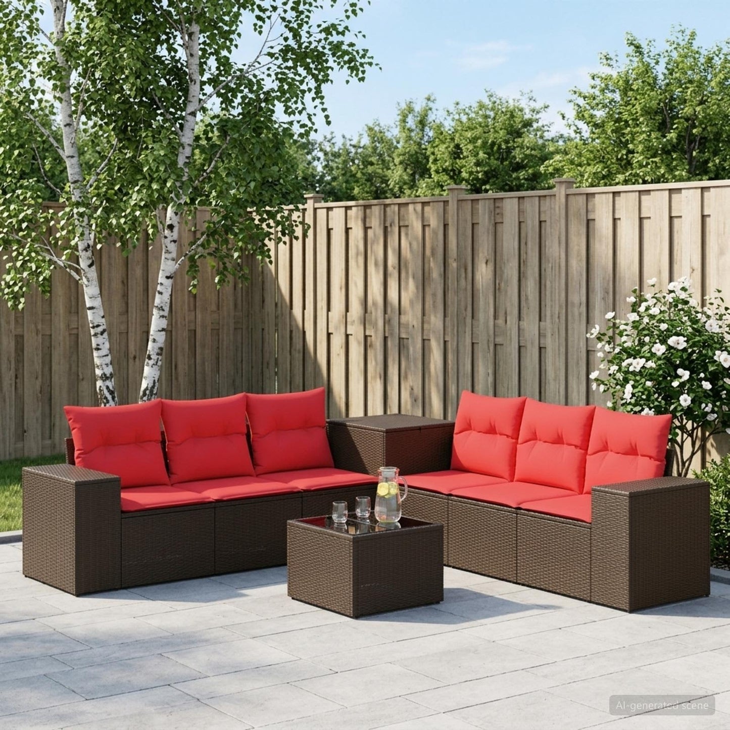 Set di divani 8 pz Marrone e Rosso Rattan sintetico e Acciaio