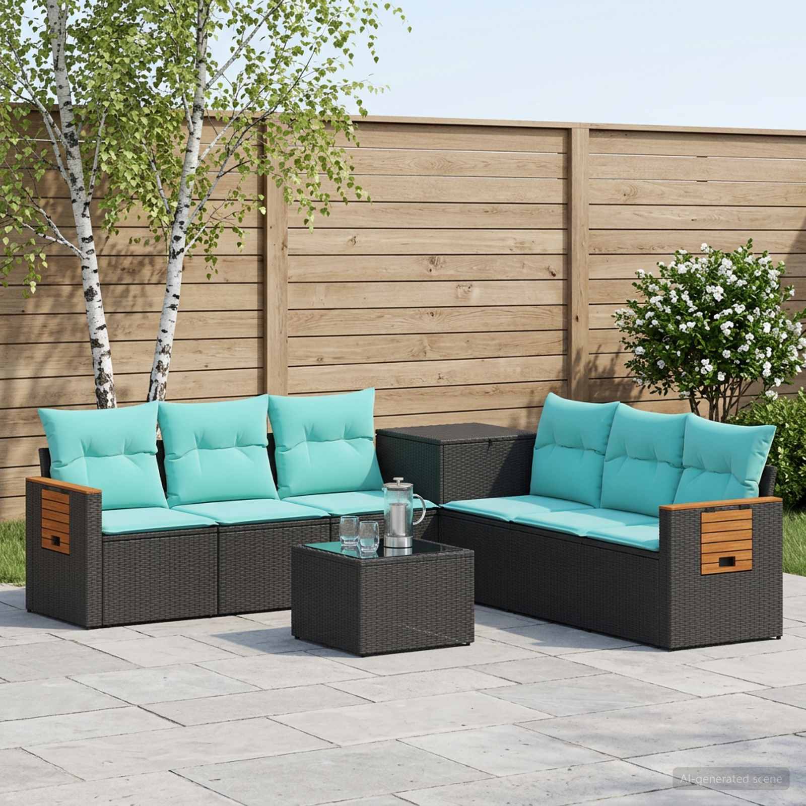 Set di divani 8 pz Nero e Blu Rattan sintetico e Acciaio | homemem39