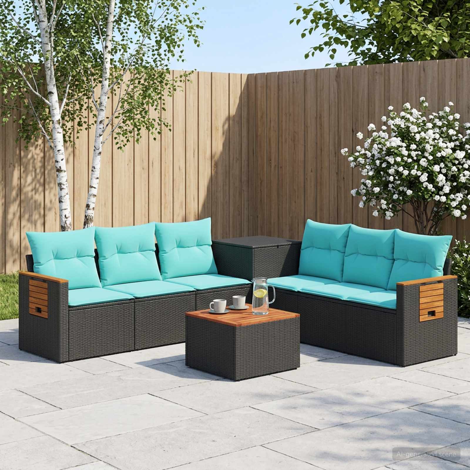Set di divani 8 pz Nero e Blu Rattan sintetico e Acciaio | homemem39
