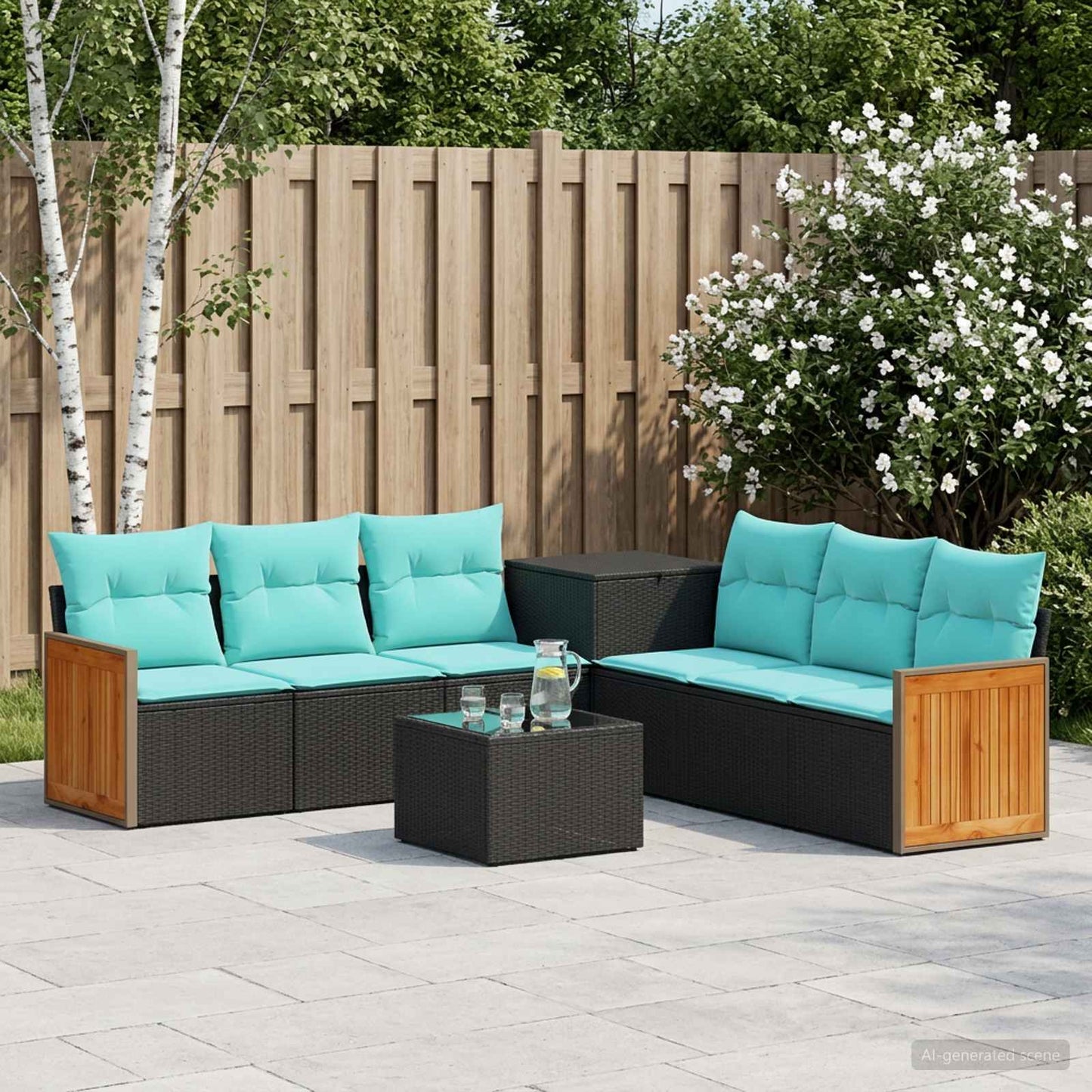 Set di divani 8 pz Nero e Blu Rattan sintetico e Acciaio | homemem39