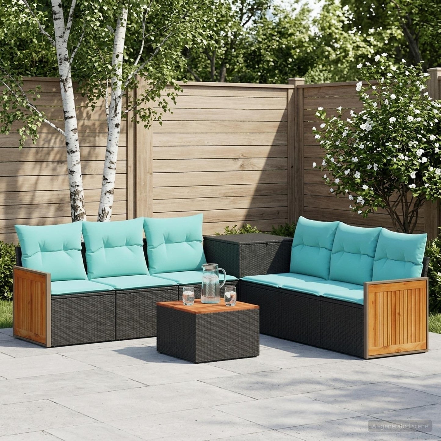 Set di divani 8 pz Nero e Blu Rattan sintetico e Acciaio