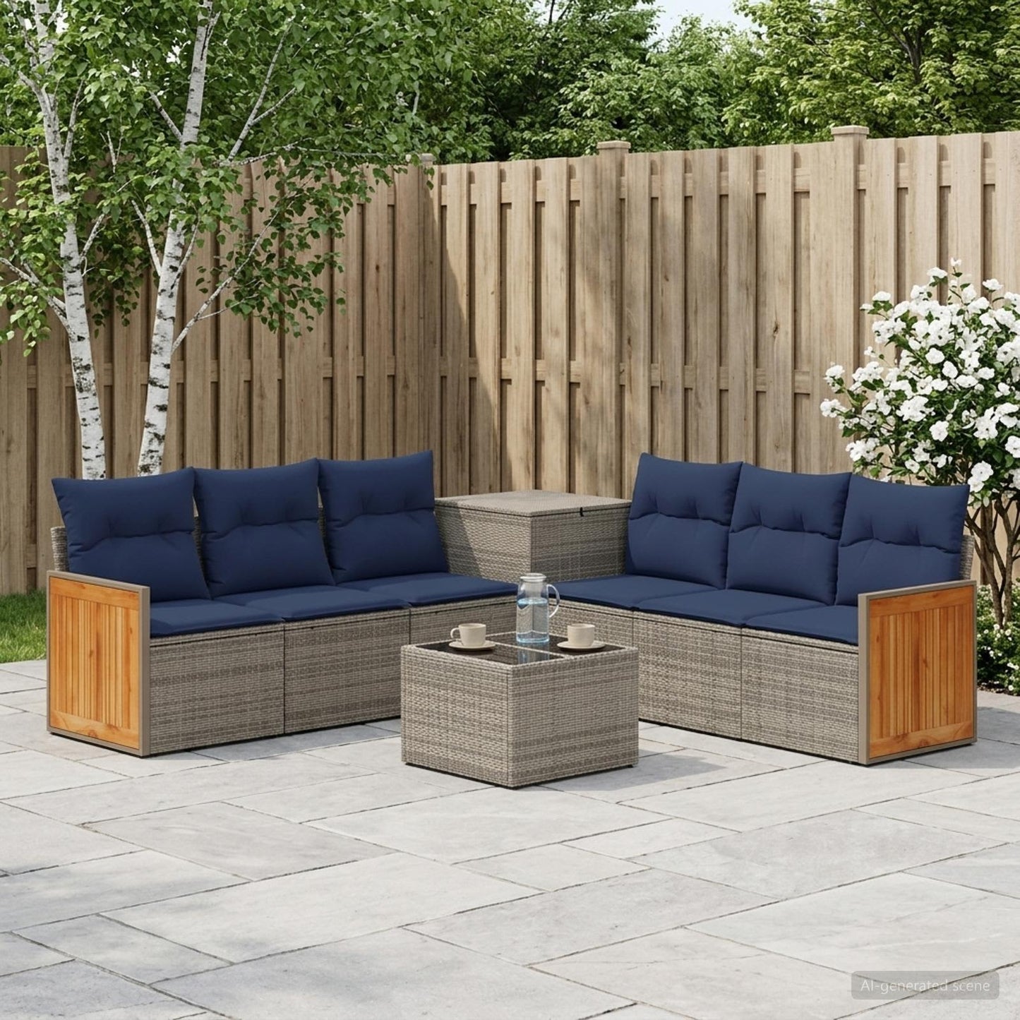 Set di divani 8 pz Grigio e Blu Navy Rattan sintetico e Acciaio
