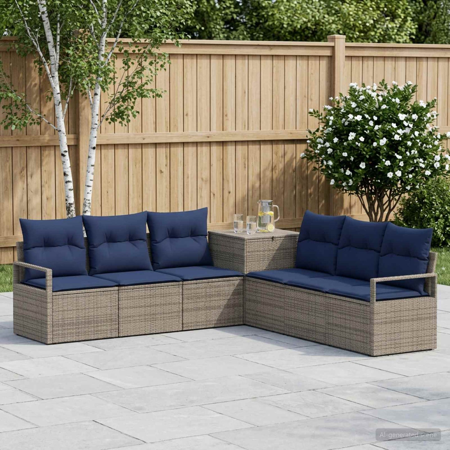 Set di divani 7 pz Grigio e Blu Navy Rattan sintetico e Acciaio