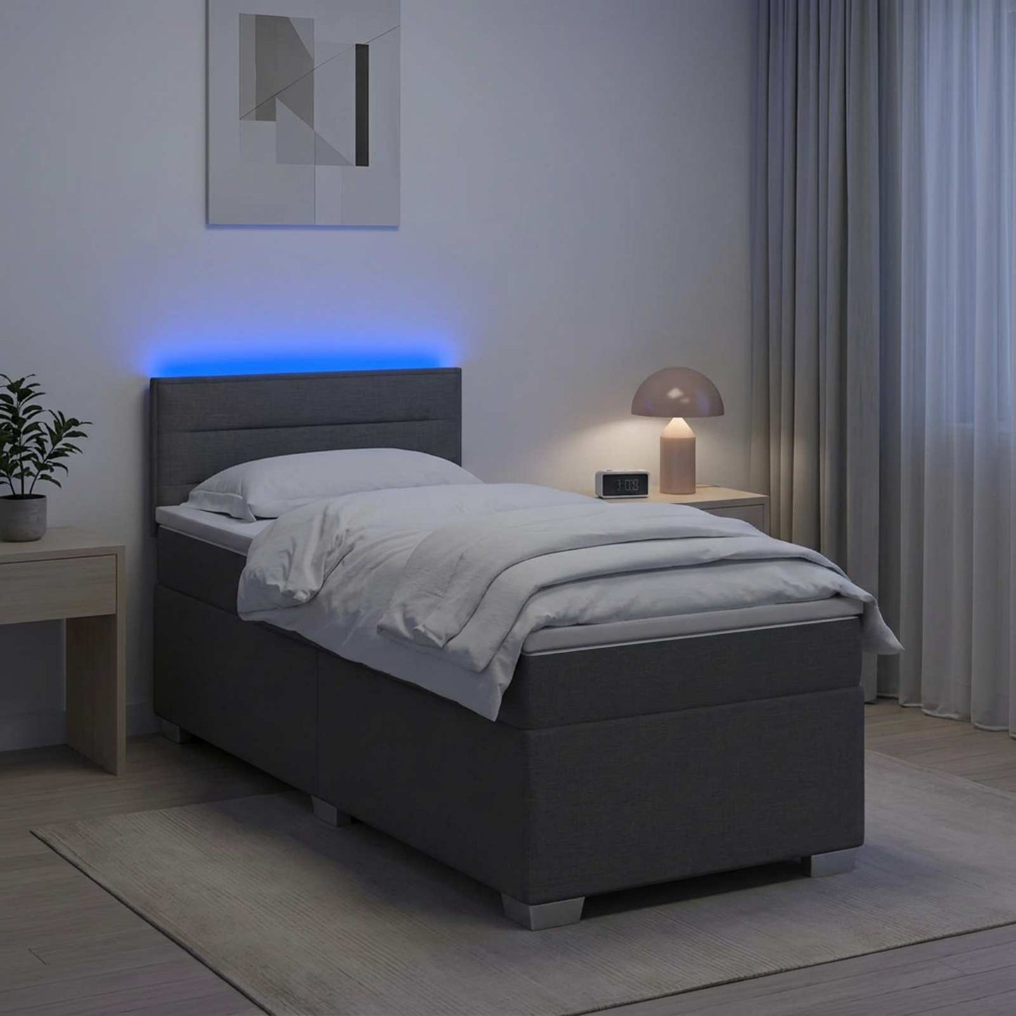 Letto con Box Spring, Materasso e LED Grigio Scuro Singolo