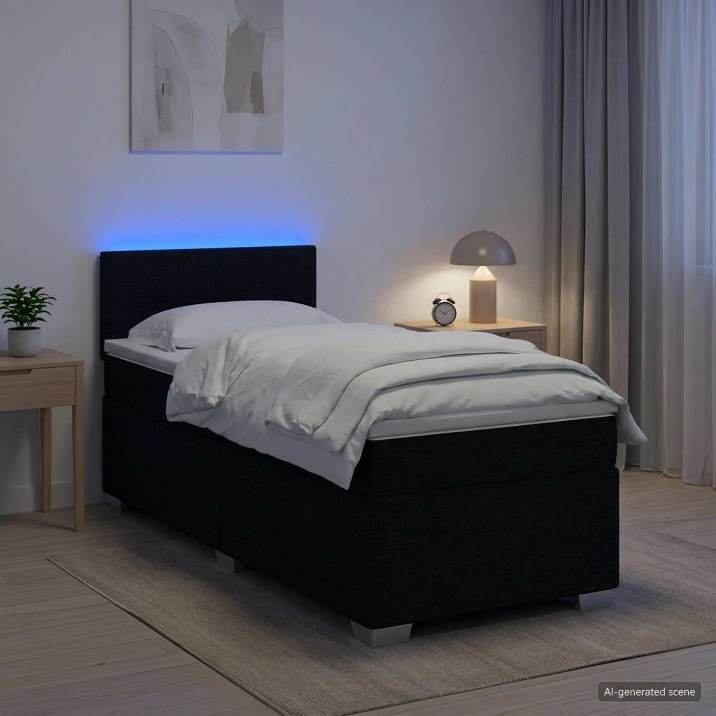 Letto con Box Spring, Materasso e LED Nero 100 x 200 cm Tessuto