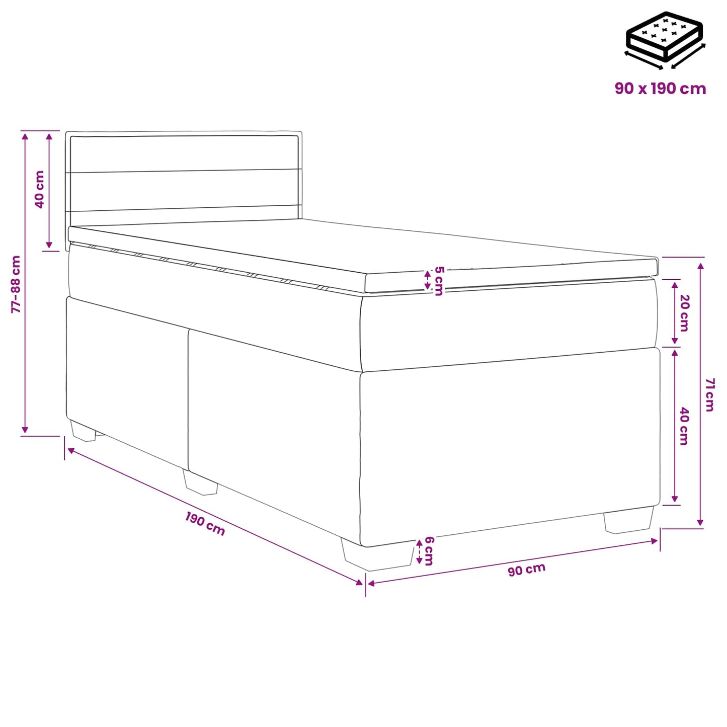 Letto con Box Spring, Materasso e LED Grigio Chiaro 90 x 190 cm | homemem39