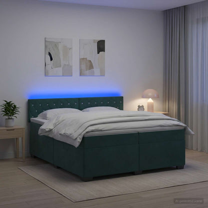 Letto con Box Spring, Materasso e LED Verde Scuro 200 x 200 cm