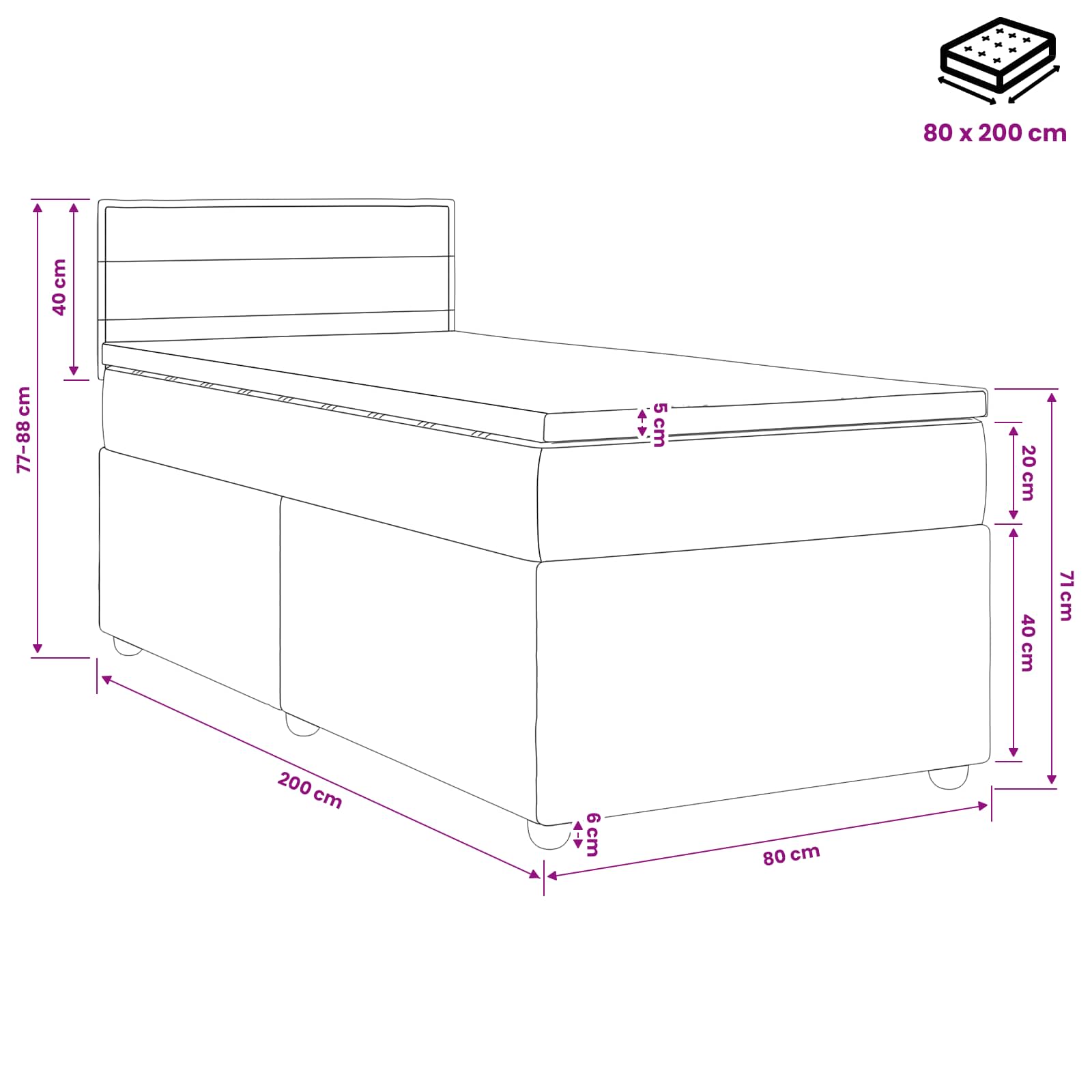 Letto box spring con materasso Nero 80 x 200 cm Tessuto | homemem39