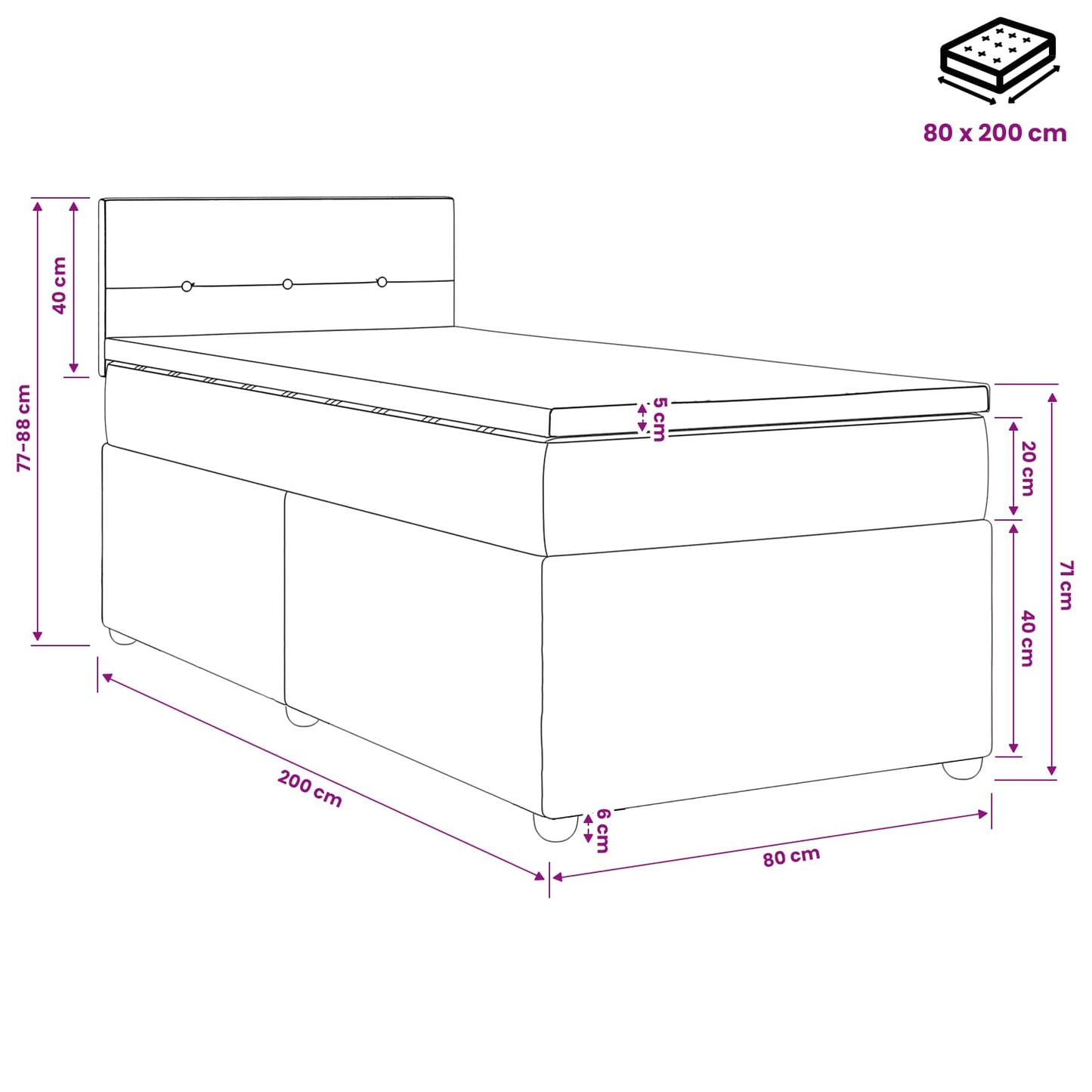 Letto box spring con materasso Grigio Scuro 80 x 200 cm Tessuto | homemem39