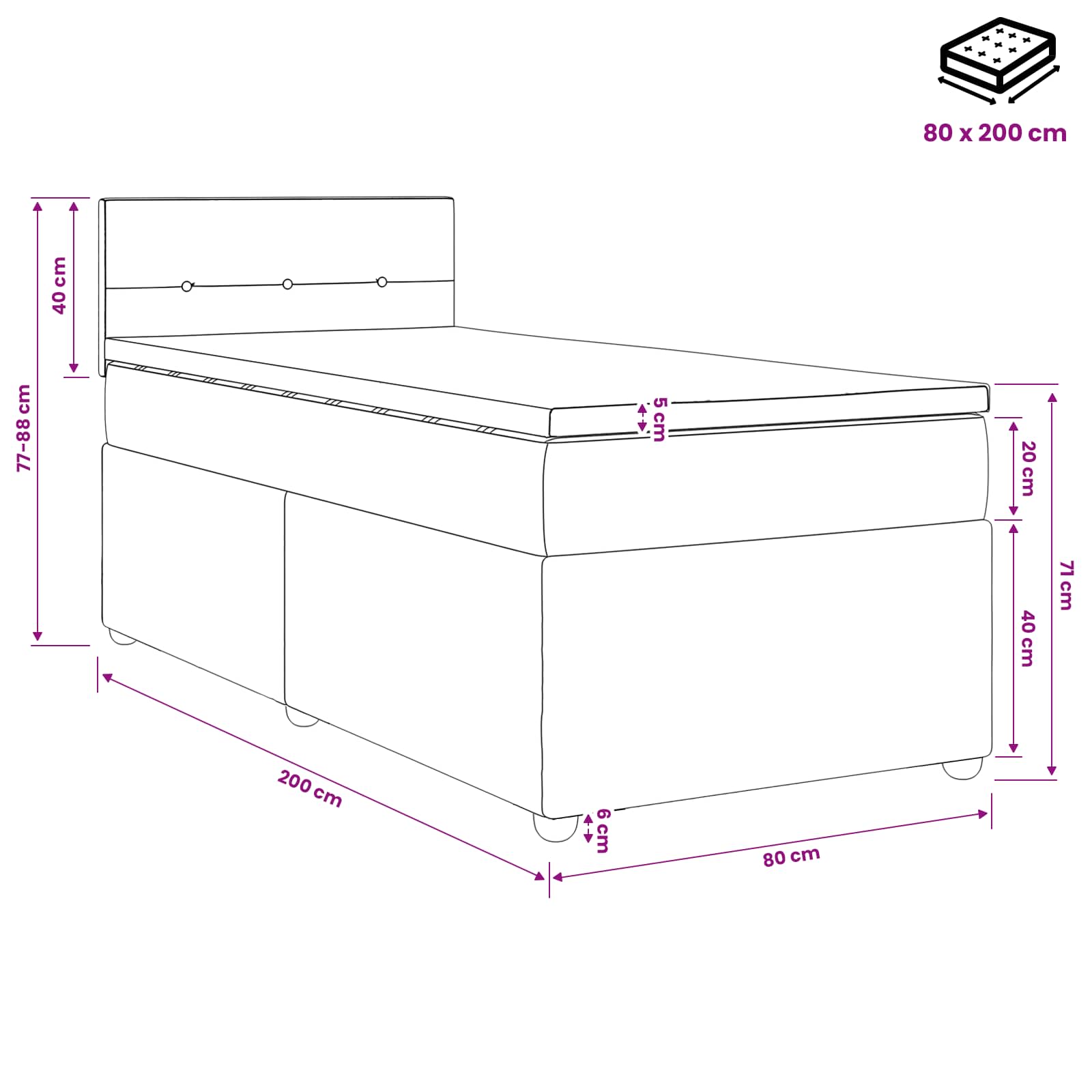 Letto box spring con materasso Grigio Scuro 80 x 200 cm Tessuto | homemem39