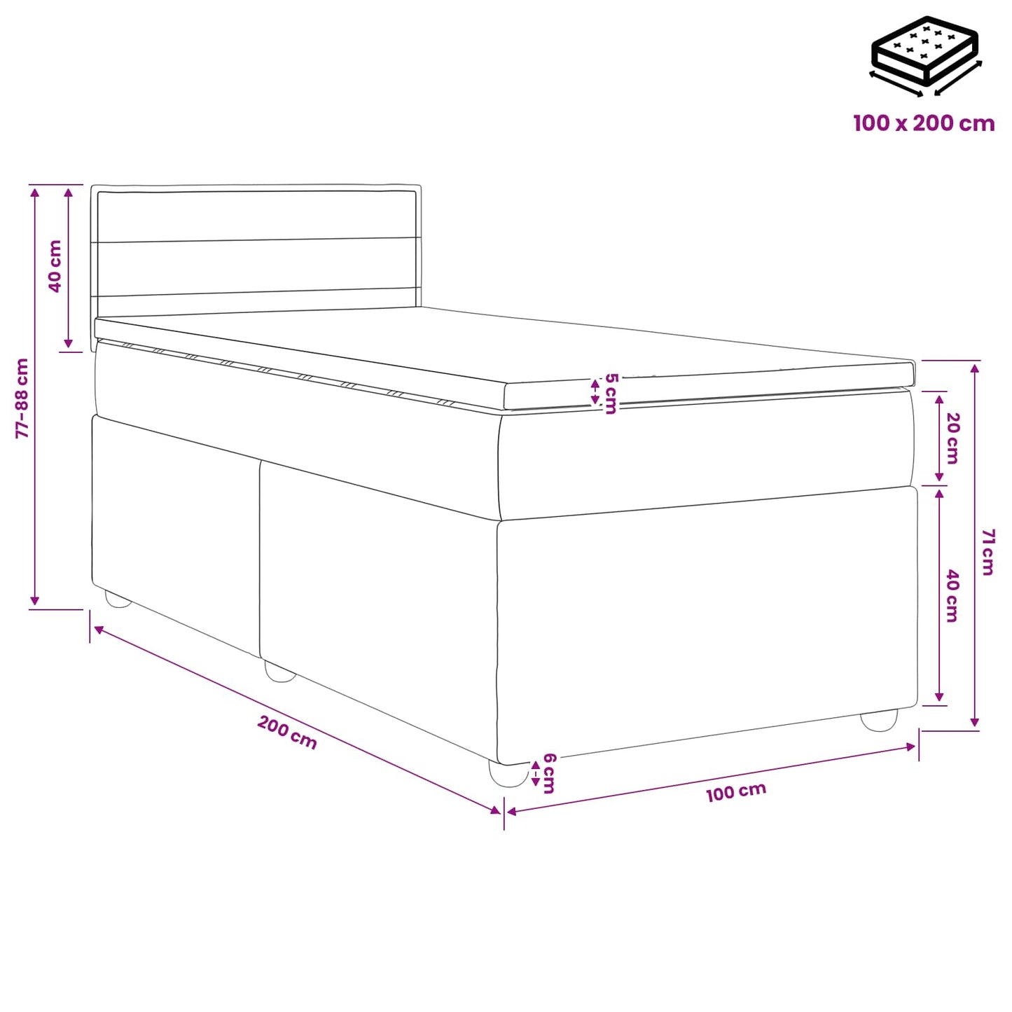 Letto box spring con materasso Nero 100 x 200 cm Tessuto | homemem39