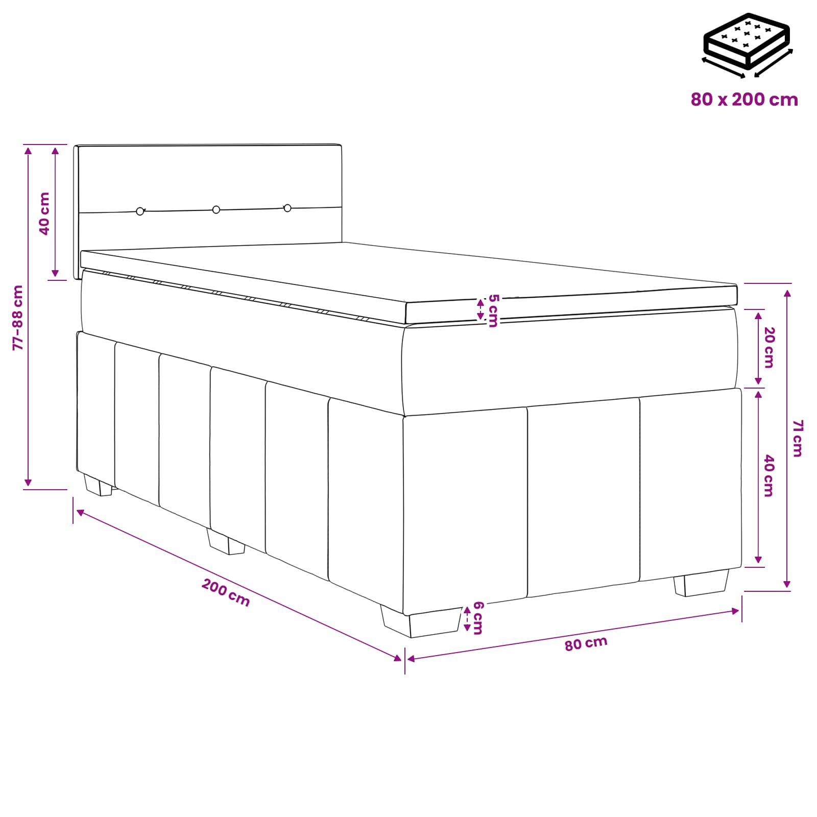 Letto box spring con materasso Nero 80 x 200 cm Tessuto | homemem39