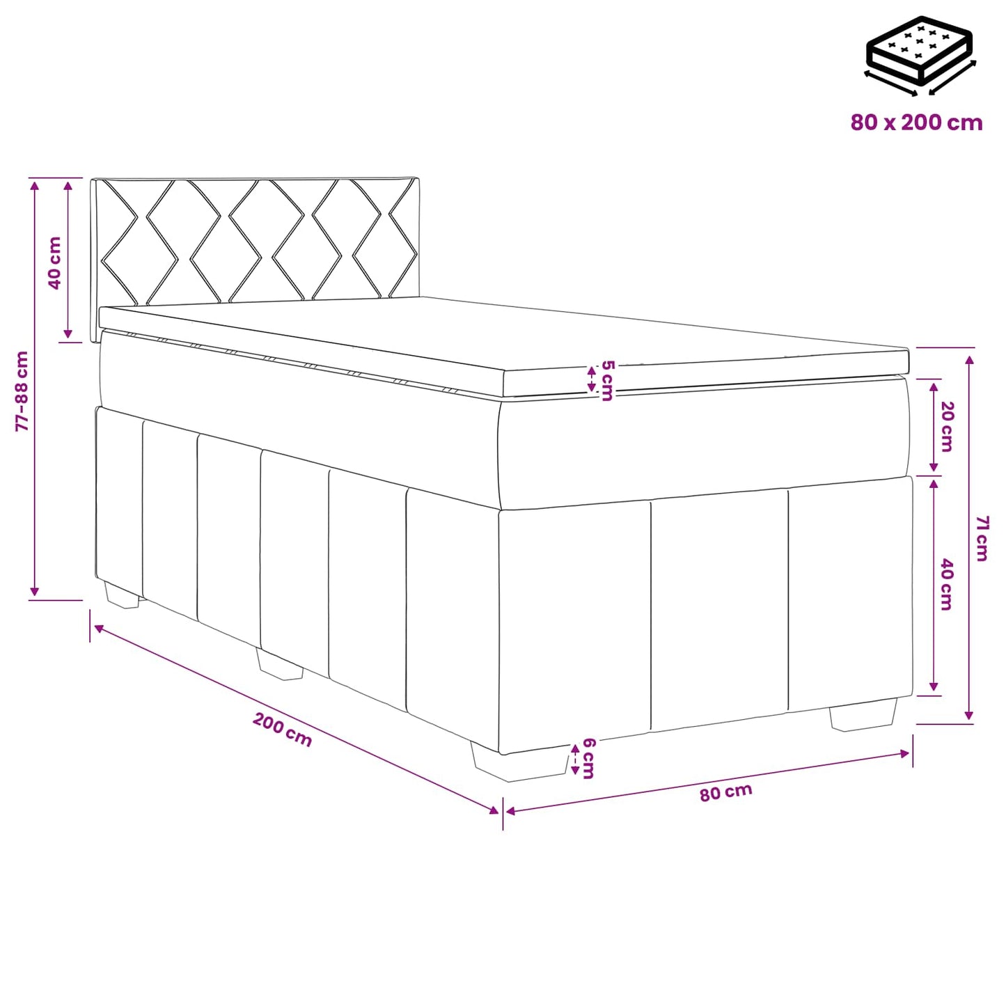 Letto box spring con materasso Nero 80 x 200 cm Tessuto | homemem39