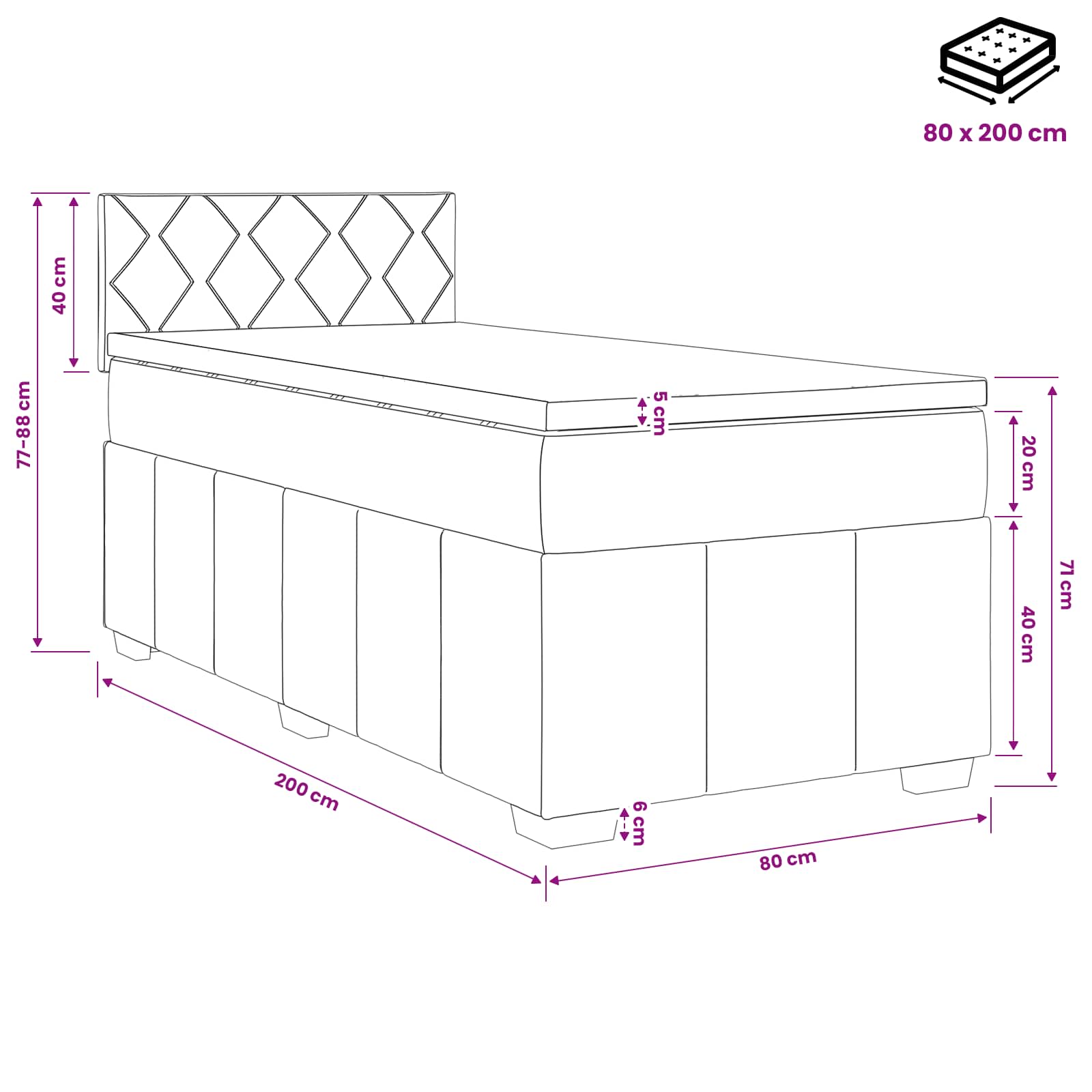 Letto box spring con materasso Nero 80 x 200 cm Tessuto | homemem39