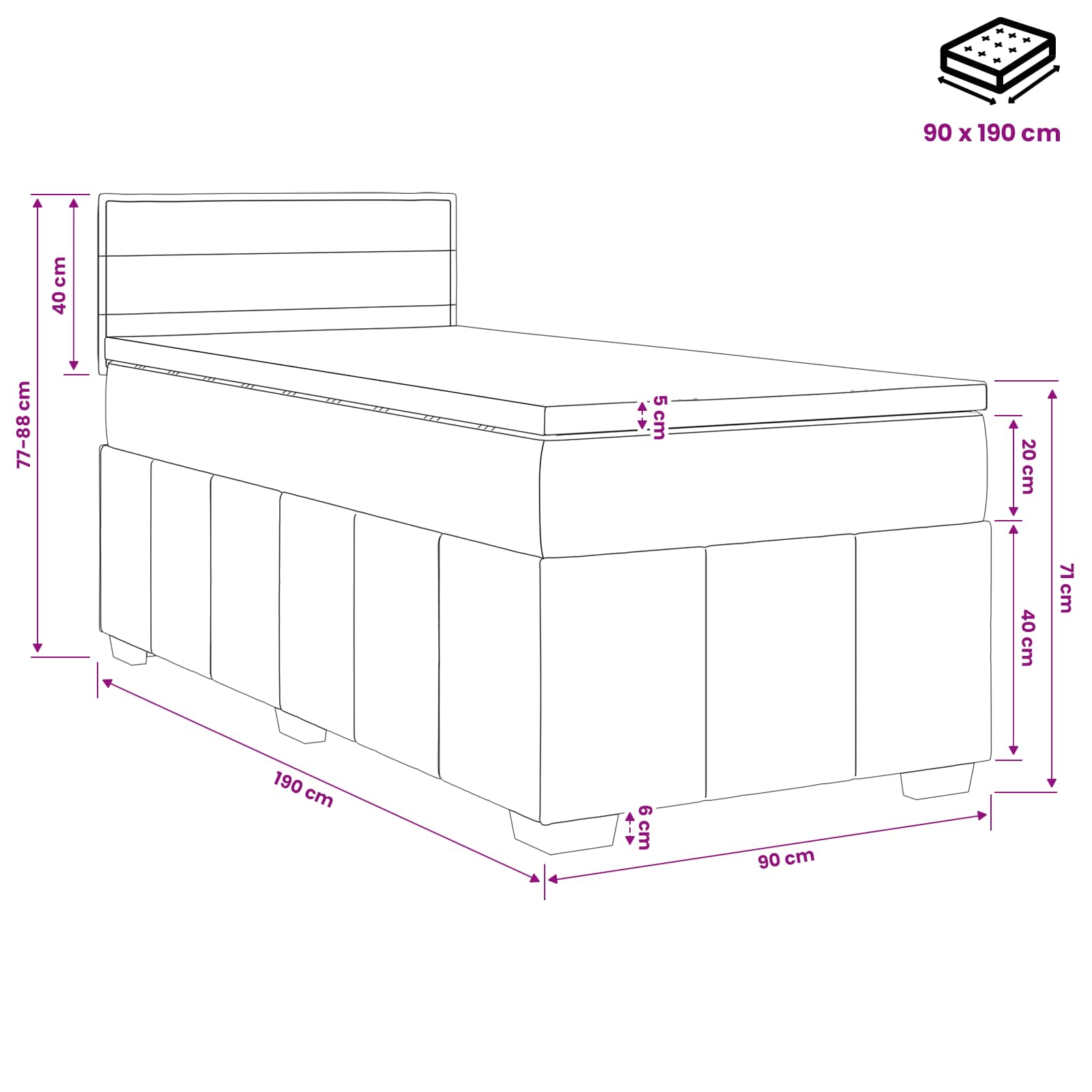Letto box spring con materasso Grigio Scuro 90 x 190 cm Tessuto | homemem39