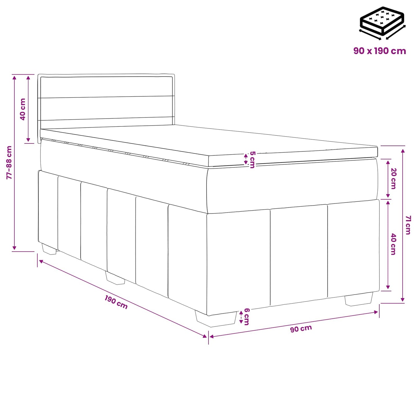 Letto box spring con materasso Nero 90 x 190 cm Tessuto | homemem39