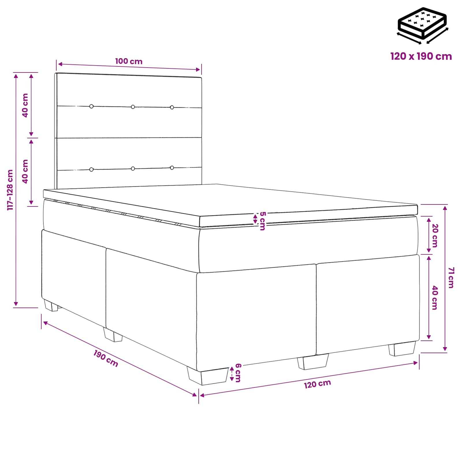 Letto box spring con materasso Rosa 120 x 190 cm Velluto | homemem39