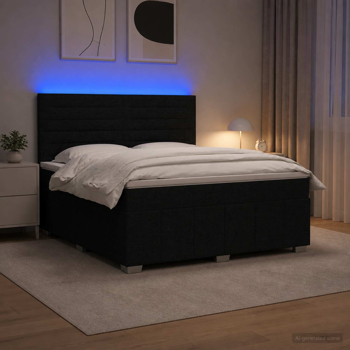 Letto Box Spring LED con Materasso Nero 140 x 190 cm Tessuto