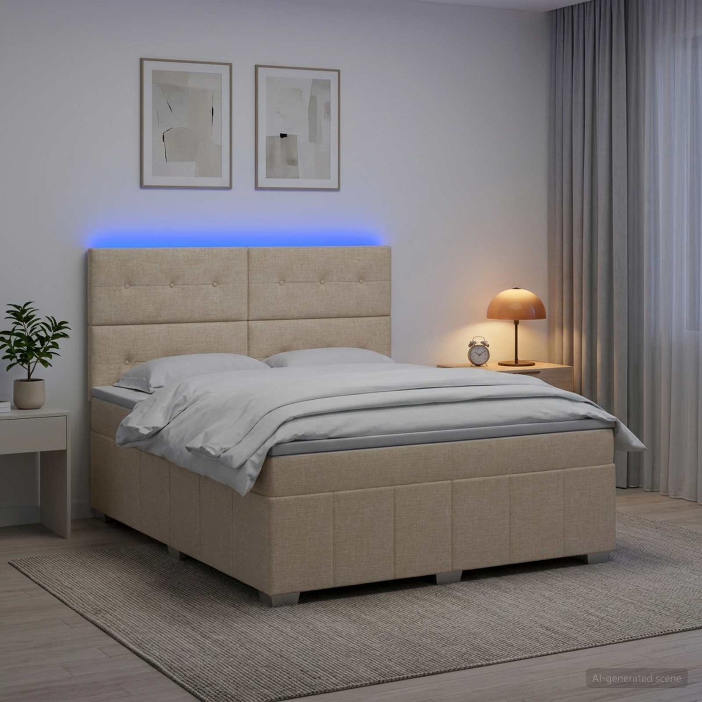 Letto Box Spring LED con Materasso Crema 140 x 190 cm Tessuto
