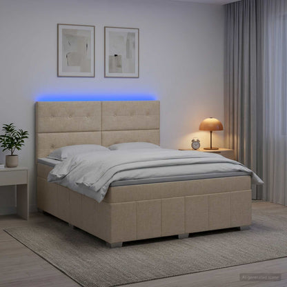 Letto Box Spring LED con Materasso Crema 140 x 200 cm Tessuto