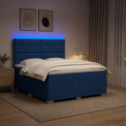 Letto Box Spring LED con Materasso Blu 140 x 190 cm Tessuto