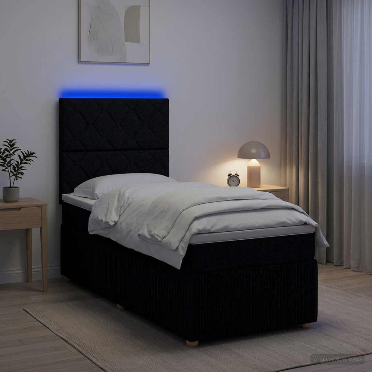 Letto Box Spring LED con Materasso Nero 90 x 190 cm Tessuto | homemem39