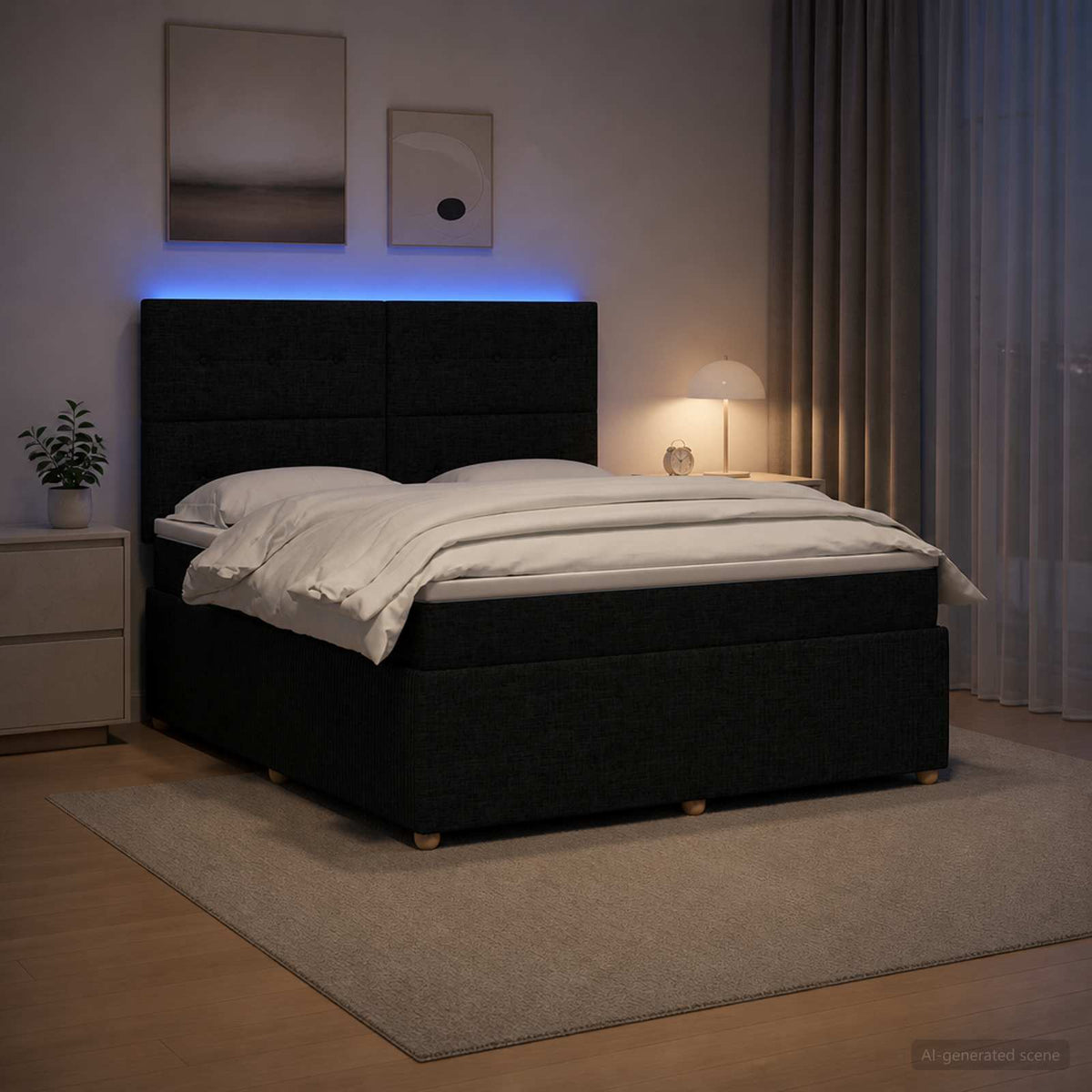 Letto Box Spring LED con Materasso Nero 160 x 200 cm Tessuto