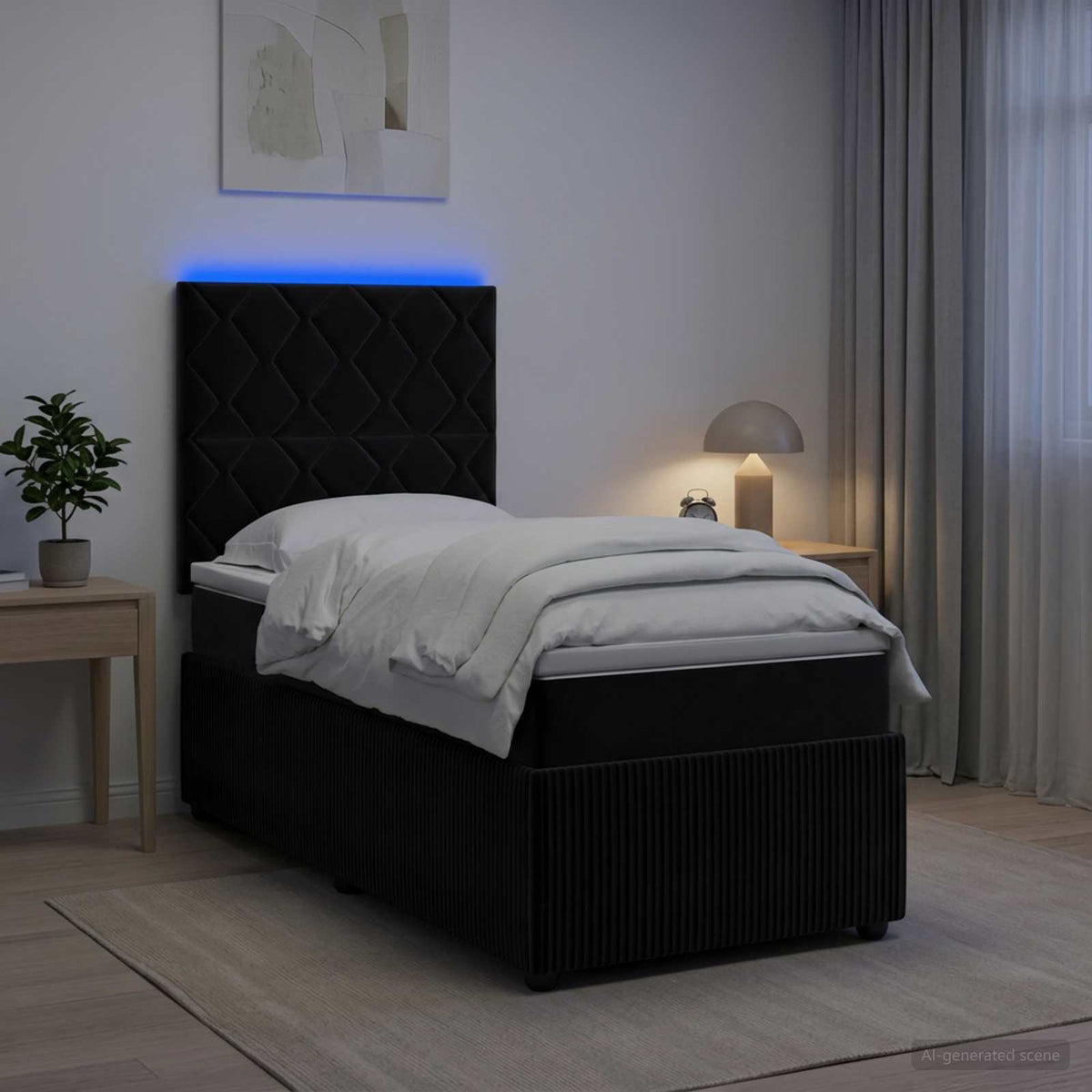 Letto Box Spring LED con Materasso Nero 90 x 190 cm Velluto | homemem39