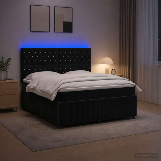 Letto Box Spring LED con Materasso Nero 140 x 200 cm Velluto | homemem39