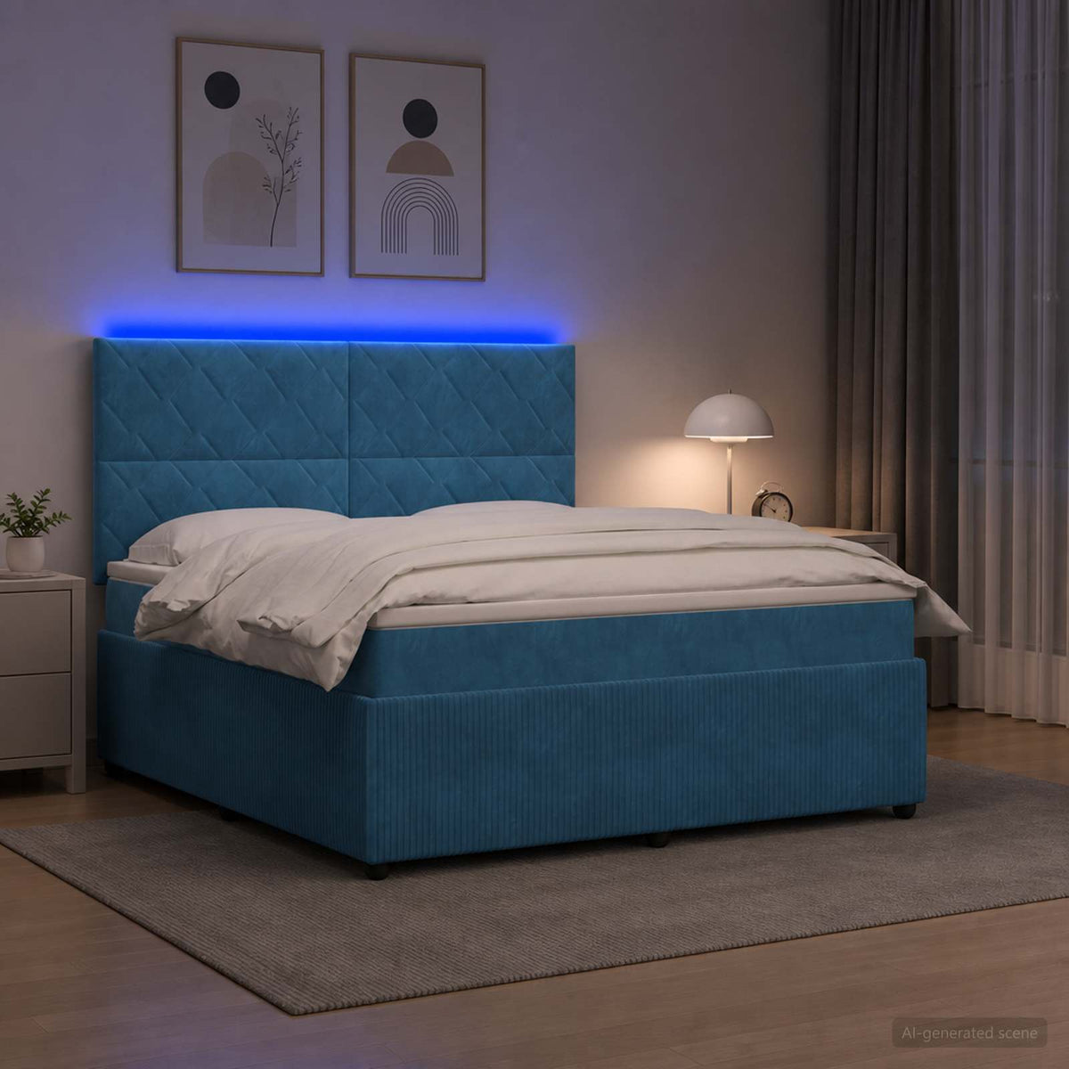 Letto Box Spring LED con Materasso Blu 160 x 200 cm Velluto