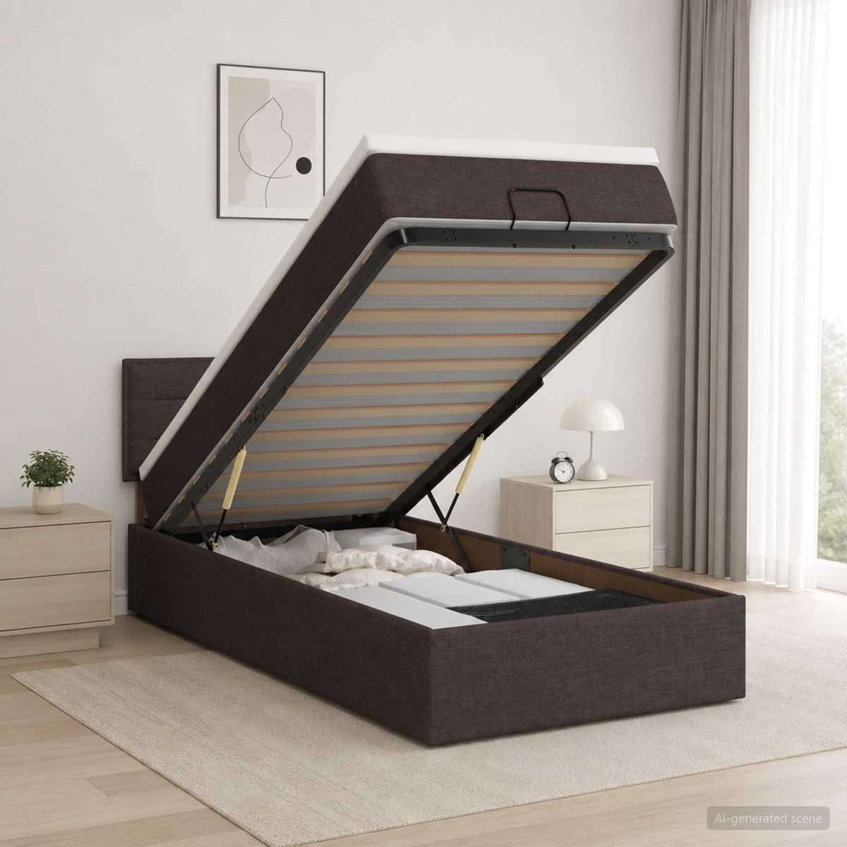 Letto Ottomano con Materasso e LED Marrone Scuro 100 x 200 cm | homemem39