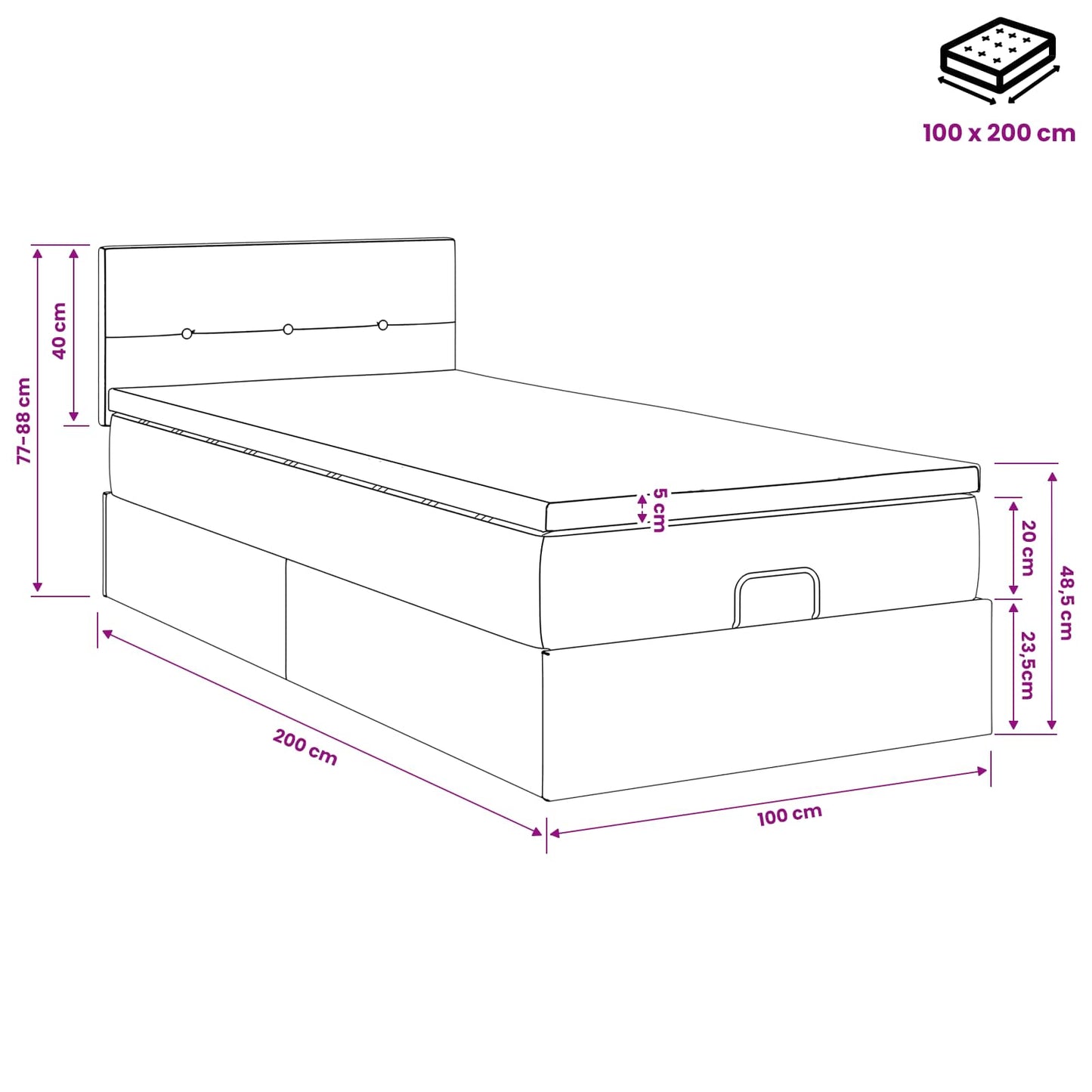 Letto ottomano con materasso Nero 100 x 200 cm Tessuto | homemem39