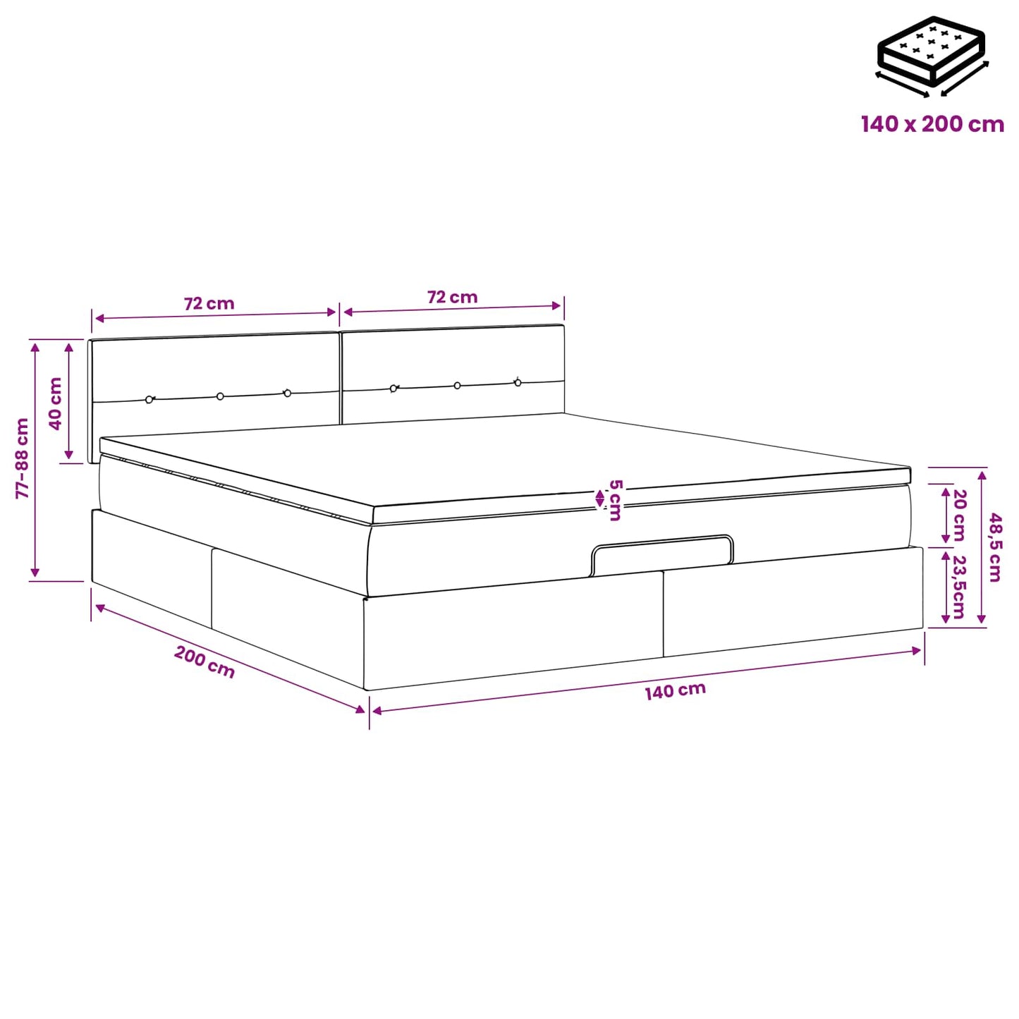 Letto ottomano con materasso Marrone Scuro 140 x 200 cm Tessuto | homemem39