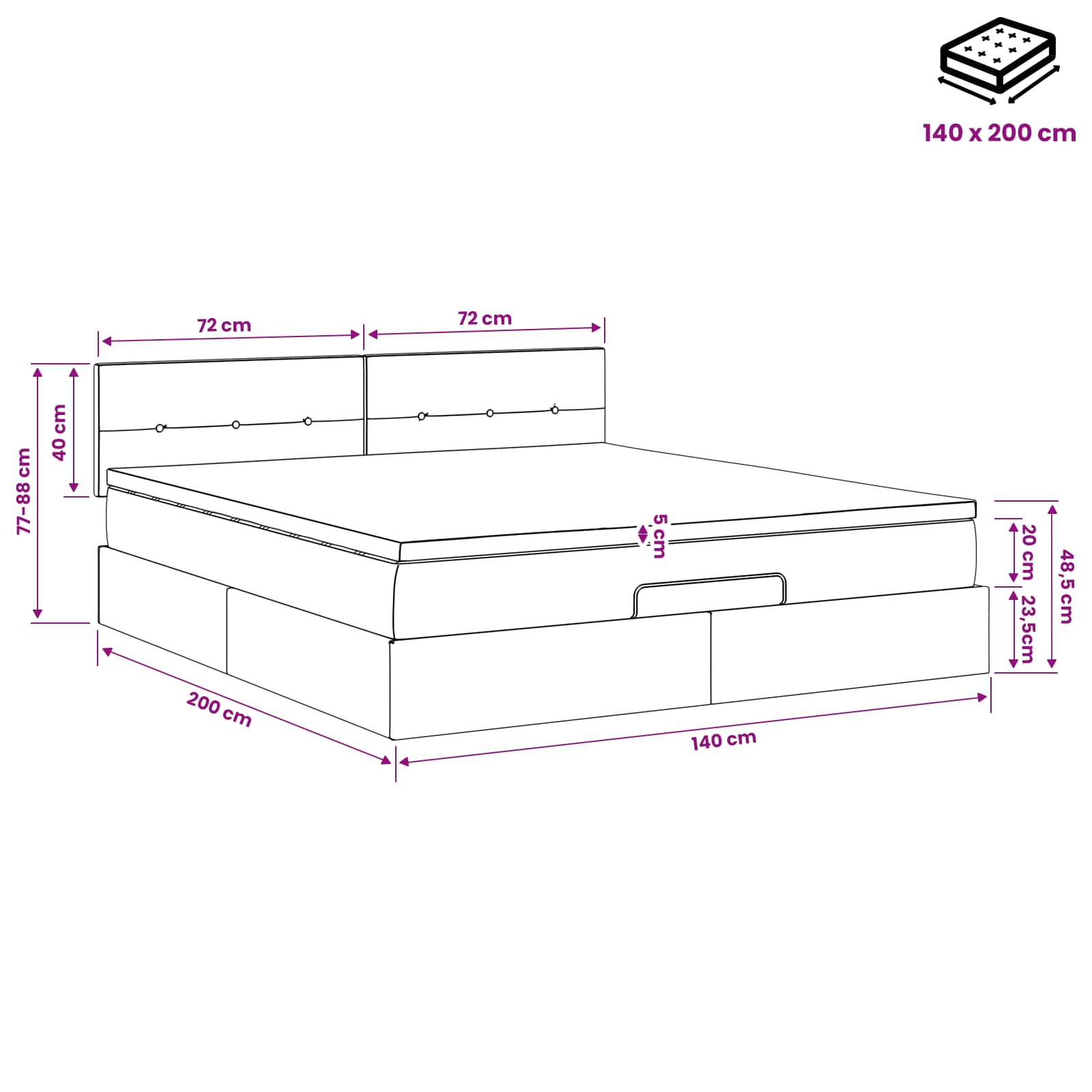 Letto ottomano con materasso Tortora 140 x 200 cm Tessuto | homemem39
